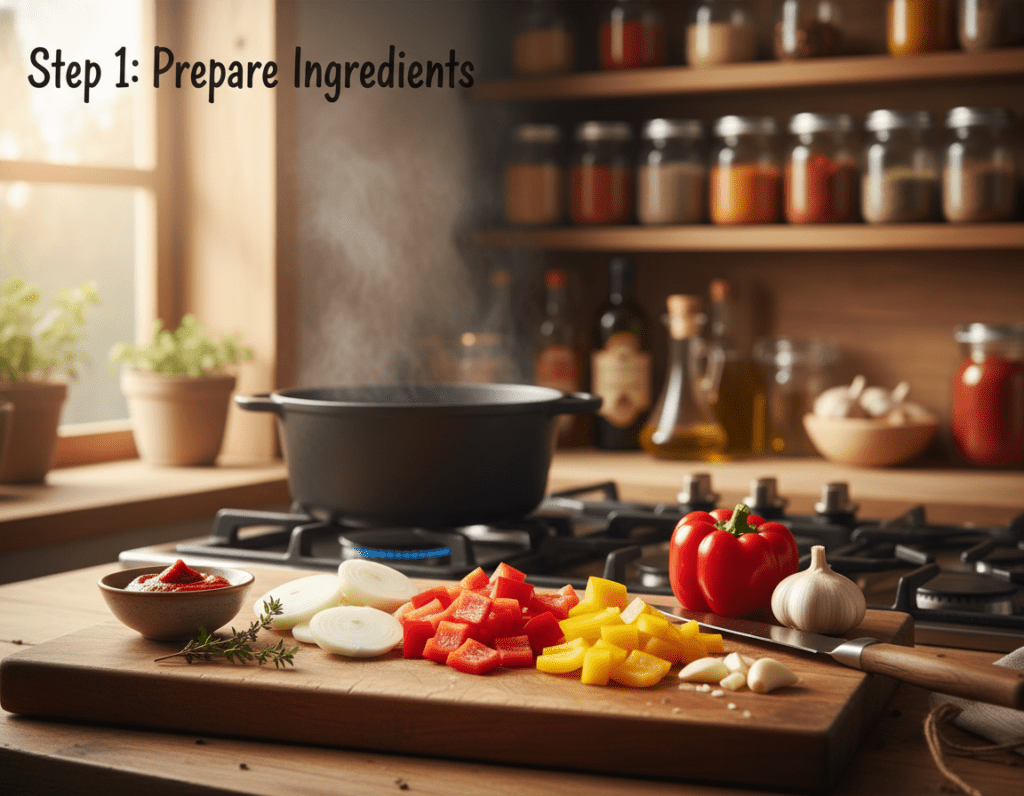 A step-by-step guide to preparing Schaschlik sauce, illustrated in a cozy kitchen setting. In the foreground, a wooden cutting board displays neatly chopped ingredients like bell peppers, onions, and garlic, alongside a small bowl of vibrant red tomato paste. The middle ground features a pot simmering on the stove, releasing steam and fragrant aromas. In the background, shelves filled with various spices and condiments create an inviting atmosphere. Soft, natural light pours in from a nearby window, casting gentle shadows that enhance the warm ambiance. The overall mood is homey and inviting, perfect for a culinary exploration. The scene captures the essence of homemade cooking, with an emphasis on freshness and flavor, inviting viewers to engage in the process of making delicious Schaschlik sauce. A step-by-step guide to preparing Schaschlik sauce, illustrated in a cozy kitchen setting. In the foreground, a wooden cutting board displays neatly chopped ingredients like bell peppers, onions, and garlic, alongside a small bowl of vibrant red tomato paste. The middle ground features a pot simmering on the stove, releasing steam and fragrant aromas. In the background, shelves filled with various spices and condiments create an inviting atmosphere. Soft, natural light pours in from a nearby window, casting gentle shadows that enhance the warm ambiance. The overall mood is homey and inviting, perfect for a culinary exploration. The scene captures the essence of homemade cooking, with an emphasis on freshness and flavor, inviting viewers to engage in the process of making delicious Schaschlik sauce.