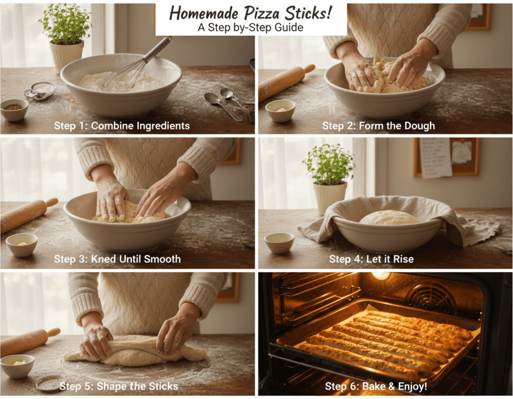 A step-by-step guide to preparing pizza stick dough, prominently displayed in a bright, inviting kitchen. In the foreground, an artisan wooden countertop holds a bowl of dough with flour dust surrounding it. A whisk and a rolling pin lie beside the bowl, hinting at the preparation process. In the middle ground, hands in modest casual attire gently knead the dough, showcasing the texture and elasticity as they bring it together. The background features a warm oven with pizza sticks baking, hinting at the delicious end result. Soft, natural lighting filters in through a nearby window, creating a cozy atmosphere. The image should evoke warmth and creativity, capturing the essence of homemade cooking in a clear and engaging manner.