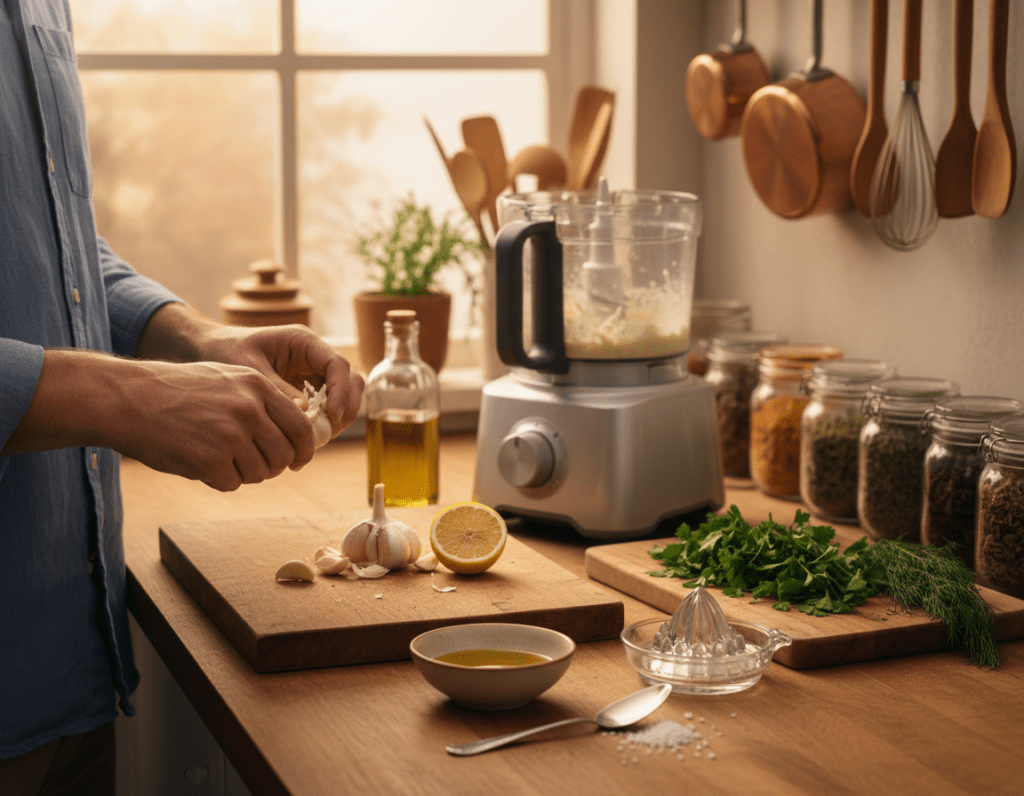 A step-by-step preparation scene for homemade garlic sauce, showcasing fresh ingredients such as garlic cloves, olive oil, lemon juice, and salt on a wooden kitchen countertop. In the foreground, a hands-on approach is depicted, with hands in modest casual attire carefully peeling garlic cloves and measuring out ingredients using a small bowl and a spoon, emphasizing the homemade aspect. In the middle ground, a food processor sits ready for blending, along with a cutting board displaying chopped herbs like parsley. The background features soft, warm kitchen lighting, creating a cozy atmosphere, while a blurred view of kitchen utensils and spices adds depth to the composition. The overall mood is inviting and instructional, perfect for illustrating the joys of cooking at home.