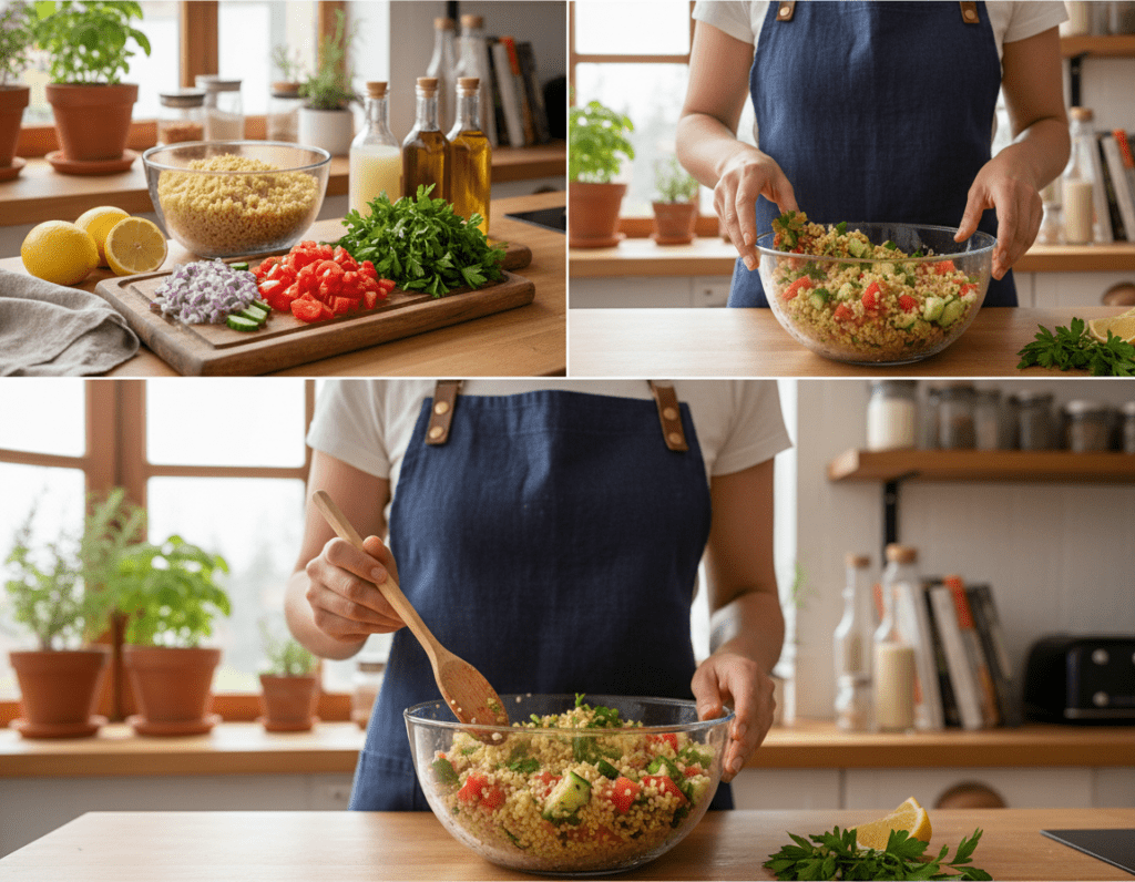A step-by-step preparation scene of a vibrant Bulgursalat, showcasing the ingredients and process. In the foreground, a wooden cutting board holds chopped tomatoes, cucumbers, red onion, and parsley, with a bowl of cooked bulgur nearby. Fresh lemons and olive oil bottles are present, hinting at seasoning. The middle layer features a person in a stylish, modest apron, expertly mixing the ingredients in a large glass bowl, embodying a sense of culinary joy. In the background, a cozy kitchen with soft, natural light filtering through a window, highlighting herbs in pots on the sill, creates an inviting atmosphere. The image is warm and enticing, evoking a delicious and healthy meal preparation. A step-by-step preparation scene of a vibrant Bulgursalat, showcasing the ingredients and process. In the foreground, a wooden cutting board holds chopped tomatoes, cucumbers, red onion, and parsley, with a bowl of cooked bulgur nearby. Fresh lemons and olive oil bottles are present, hinting at seasoning. The middle layer features a person in a stylish, modest apron, expertly mixing the ingredients in a large glass bowl, embodying a sense of culinary joy. In the background, a cozy kitchen with soft, natural light filtering through a window, highlighting herbs in pots on the sill, creates an inviting atmosphere. The image is warm and enticing, evoking a delicious and healthy meal preparation.