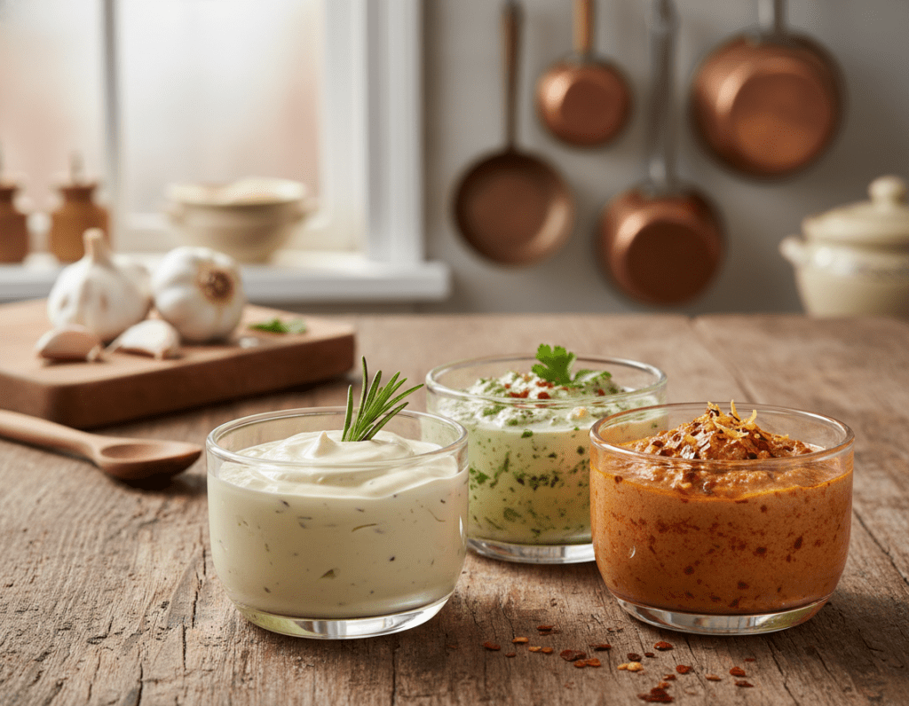A stunning, high-quality image of various creative garlic sauce variations, beautifully arranged on a rustic wooden table. In the foreground, there are small glass bowls filled with different types of garlic sauce, such as creamy garlic aioli, green herb-infused garlic sauce, and spicy garlic dip. Some bowls are garnished with fresh herbs and spices, while others have colorful ingredients like red chili flakes or lemon zest. In the middle ground, a wooden spatula and fresh garlic cloves add to the culinary setting. The background features softly blurred kitchen elements, such as a chopping board and vintage cooking utensils. The lighting is warm and inviting, evoking a cozy atmosphere perfect for special occasions, with a slight overhead spotlight accentuating the sauces' textures. The composition captures both artistry and deliciousness in a professional manner.