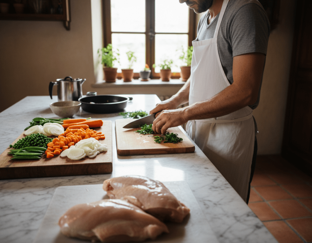 A stylish kitchen counter laden with raw ingredients for Frikassee preparation. In the foreground, a freshly cut piece of chicken, its skin glistening under bright, warm kitchen lighting. Nearby, a wooden cutting board holds an array of colorful vegetables—carrots, peas, and onions—carefully sliced and arranged in a visually appealing manner. In the middle ground, a skilled chef, dressed in a white apron and modest casual clothing, is focused on chopping herbs, showcasing intent and expertise. The background features an inviting kitchen with soft, natural light filtering through a window, casting gentle shadows and creating a warm, homely atmosphere. The overall mood is one of culinary artistry and preparation, emphasizing the care taken in the meat preparation stage for a classic dish.