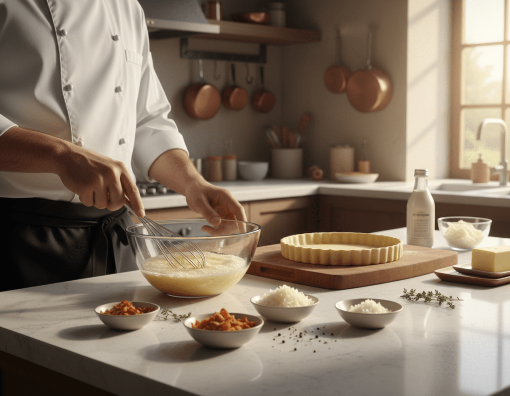 A stylish kitchen countertop filled with essential tools for preparing Quiche Lorraine. In the foreground, a professional chef in a white chef's coat and apron demonstrates key steps, expertly whisking eggs in a glass bowl. Fresh ingredients like crispy bacon, grated cheese, and chopped onions are artfully arranged nearby. The middle ground features an elegant wooden chopping board with a pre-made pastry shell ready for filling. In the background, soft natural light streams through a window, illuminating the rustic-inspired kitchen with warm tones. The atmosphere is inviting and professional, portraying a sense of culinary expertise and creativity, perfect for illustrating tips on achieving a flawless Quiche Lorraine.