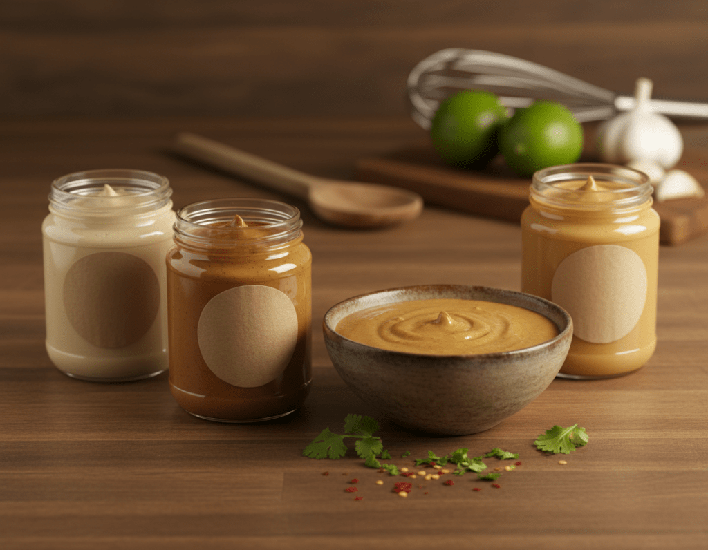 A stylish wooden kitchen countertop serves as the foreground, showcasing three jars of different peanut butter types, each labeled clearly but without text. The jars are filled with creamy and chunky variants, glistening under warm, soft lighting. In the middle ground, a small bowl of freshly made peanut sauce is presented, its rich, golden-brown color contrasting beautifully with chopped fresh herbs scattered around. In the background, a blurred scene of kitchen utensils and ingredients like fresh lime and garlic adds context, enhancing the cooking atmosphere. The composition captures a cozy and inviting mood, reminiscent of a homecooked meal preparation. Use a shallow depth of field to focus on the peanut butter jars and sauce, emphasizing texture and color harmony.