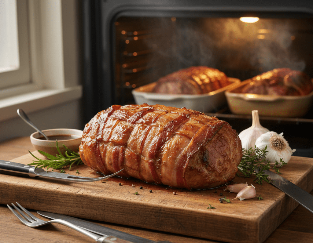 A succulent pork tenderloin wrapped in crispy bacon, glistening with a savory glaze, is the centerpiece of a cozy kitchen scene. The tenderloin is placed on a rustic wooden cutting board, surrounded by fresh herbs, garlic cloves, and a small bowl of rich sauce ready for drizzling. Soft, warm light illuminates the textured surface of the meat, showcasing its juicy interior and golden-brown bacon. In the background, a softly lit oven door reveals more savory dishes, while a fragrant steam rises gently, creating an inviting and homey atmosphere. The image captures the essence of a comforting meal, inviting the viewer to imagine the delightful flavors and aromas. A succulent pork tenderloin wrapped in crispy bacon, glistening with a savory glaze, is the centerpiece of a cozy kitchen scene. The tenderloin is placed on a rustic wooden cutting board, surrounded by fresh herbs, garlic cloves, and a small bowl of rich sauce ready for drizzling. Soft, warm light illuminates the textured surface of the meat, showcasing its juicy interior and golden-brown bacon. In the background, a softly lit oven door reveals more savory dishes, while a fragrant steam rises gently, creating an inviting and homey atmosphere. The image captures the essence of a comforting meal, inviting the viewer to imagine the delightful flavors and aromas.