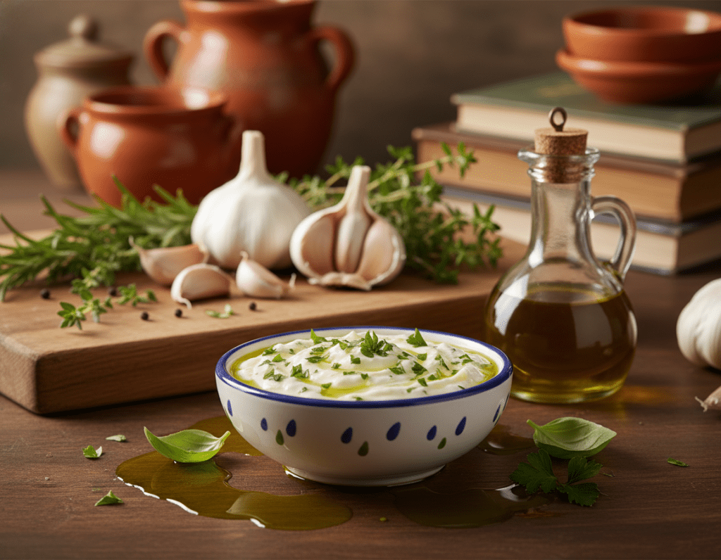 A tantalizing Mediterranean garlic sauce with olive oil, featured prominently in a rustic setting. In the foreground, a small white bowl brimming with creamy, textured garlic sauce, flecked with fresh herbs like parsley and basil. Surrounding the bowl, drizzles of bright green olive oil shimmer under natural light. In the middle ground, a wooden cutting board showcases whole garlic cloves, fragrant herbs, and a small glass bottle of olive oil. Soft, warm lighting creates an inviting atmosphere, casting gentle shadows and emphasizing the rich colors of the ingredients. In the background, blurred kitchen elements suggest a cozy cooking environment, enhancing the homemade appeal of the garlic sauce. The overall mood is rustic and wholesome, perfect for a culinary exploration.