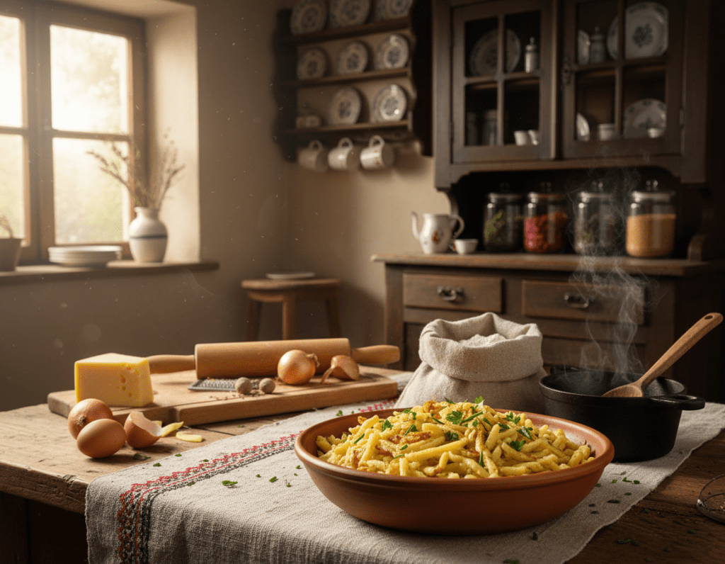 A traditional German kitchen setting showcasing Schwäbische Spätzle in the foreground, with a wooden table adorned with a handmade cloth. The spätzle, golden and slightly crispy, is beautifully served in a rustic bowl, garnished with fresh herbs. In the middle ground, a pot of simmering broth and an antique wooden spoon add authenticity, while a flour sack and raw ingredients hint at the preparation process. The background features traditional kitchenware, like ceramic mugs and a wooden cupboard filled with spices. The scene is warmly lit, evoking a cozy atmosphere, with soft, natural light streaming through a window. Angle the shot slightly from above to capture the richness of the dish and the inviting kitchen environment. The overall mood should be one of comfort and nostalgia, celebrating the origin of Spätzle.