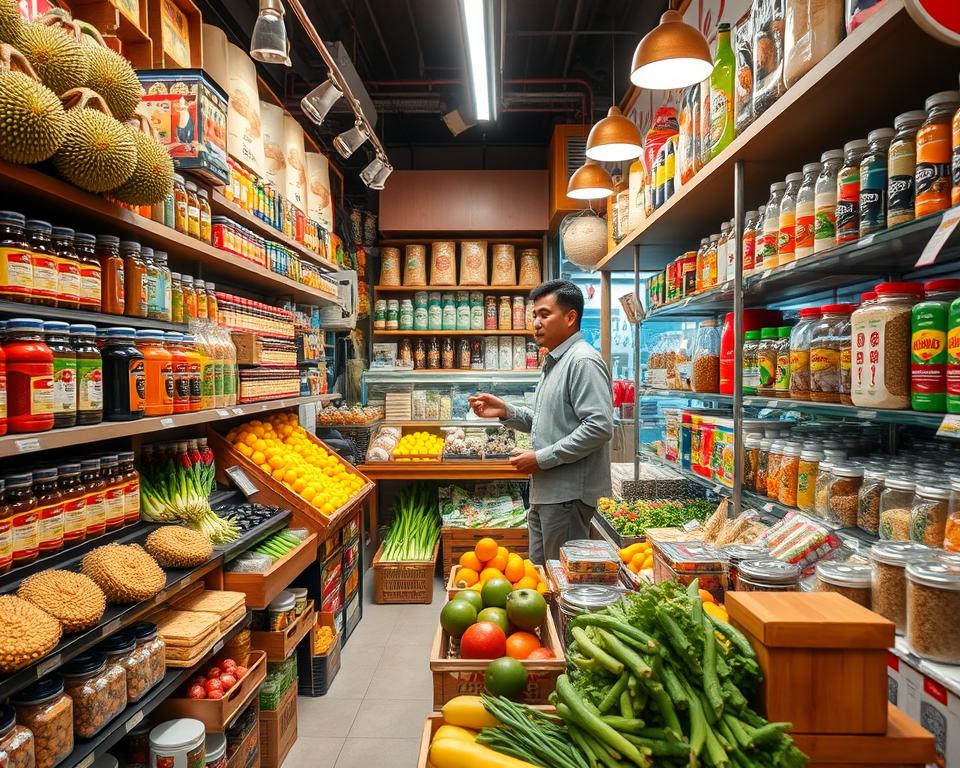 A vibrant Asian grocery store in Germany, showcasing a diverse array of colorful ingredients and products. In the foreground, neatly arranged shelves filled with exotic fruits like durians and dragon fruits, jars of spices and sauces, and fresh vegetables. In the middle ground, a wooden display containing rice, noodles, and various herbal teas. In the background, a warm and inviting atmosphere with soft, ambient lighting highlighting the organized chaos of an Asian market. An occasional shopper, dressed in modest casual clothing, thoughtfully examining products. The scene is lively yet serene, capturing the essence of international culinary ingredients sourced from Asia. Use a wide-angle lens to emphasize depth and detail, creating an immersive shopping experience.
