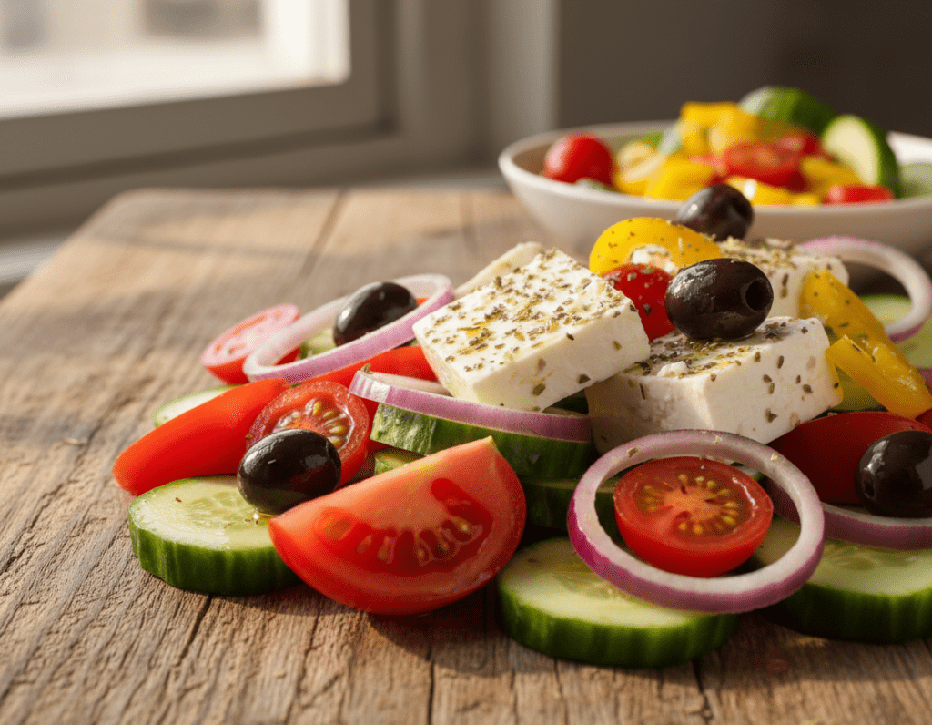 A vibrant Greek salad arranged artistically on a rustic wooden table. The foreground features a colorful mix of fresh ingredients: ripe tomatoes, crunchy cucumbers, red onions, Kalamata olives, and creamy feta cheese, all glistening with olive oil. The middle layer includes a sprinkle of dried oregano and colorful bell peppers, adding a festive touch. In the background, soft, natural light bathes the scene, enhancing the bright colors and creating a warm, inviting atmosphere. The angle captures the salad from a slightly elevated perspective, emphasizing the freshness and healthiness of the ingredients. The overall mood is cheerful and wholesome, reflecting the benefits of a healthy diet through colorful and appetizing presentation. No text or markings are present in the image.