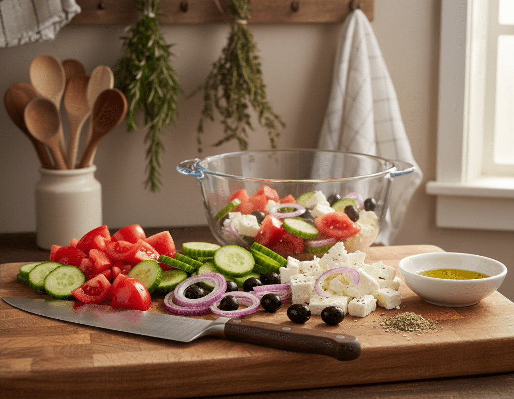 A vibrant Greek salad preparation scene, featuring freshly chopped tomatoes, crisp cucumbers, red onions, black olives, and feta cheese cubes on a wooden cutting board. In the foreground, a sharp chef's knife rests beside a colorful array of vegetables, with a small bowl of olive oil and a sprinkle of oregano nearby. The middle ground captures a glass mixing bowl half-filled with the salad ingredients, glistening under soft, natural sunlight filtering through a nearby window, highlighting the rich colors of the ingredients. In the background, a rustic kitchen setting with herbs hanging from shelves and wooden utensils can be seen, creating a warm and inviting atmosphere, perfect for illustrating a step-by-step recipe. The overall composition conveys a sense of freshness and simplicity, ideal for a cooking guide.