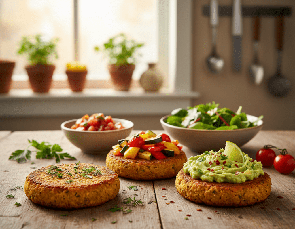A vibrant and appetizing composition showcasing variations of vegan red lentil patties (Linsenbratlinge) on a rustic wooden table. In the foreground, three different patties are arranged: one with a crispy golden crust sprinkled with fresh herbs, another adorned with colorful roasted vegetables, and the third featuring a rich, creamy avocado spread. In the middle ground, a small bowl of homemade tomato salsa and a leafy green salad complement the patties. The background features a blurred kitchen setting with natural light streaming in, creating a warm and inviting atmosphere. The focus is sharp on the patties, with a slight bokeh effect highlighting the freshness of the ingredients. The overall mood is creative and inspiring, inviting viewers to explore new culinary variations.