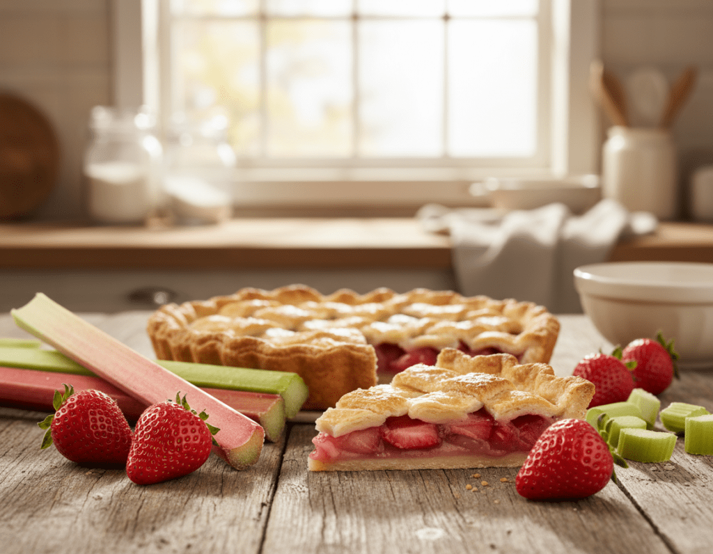 A vibrant and appetizing scene featuring fresh strawberries and rhubarb, artfully arranged on a rustic wooden table. In the foreground, plump, ripe strawberries glisten with droplets of water, their bright red color contrasting beautifully with the tart, green stalks of rhubarb. The middle ground showcases a slice of freshly baked strawberry-rhubarb pie, its golden crust perfectly flaky, inviting viewers to experience its deliciousness. In the background, a softly focused kitchen setting with warm, natural light streaming in through a nearby window creates a cozy and homely atmosphere. The image captures the essence of the delightful pairing, emphasizing the freshness and complementary flavors of strawberries and rhubarb in an inviting, culinary context.