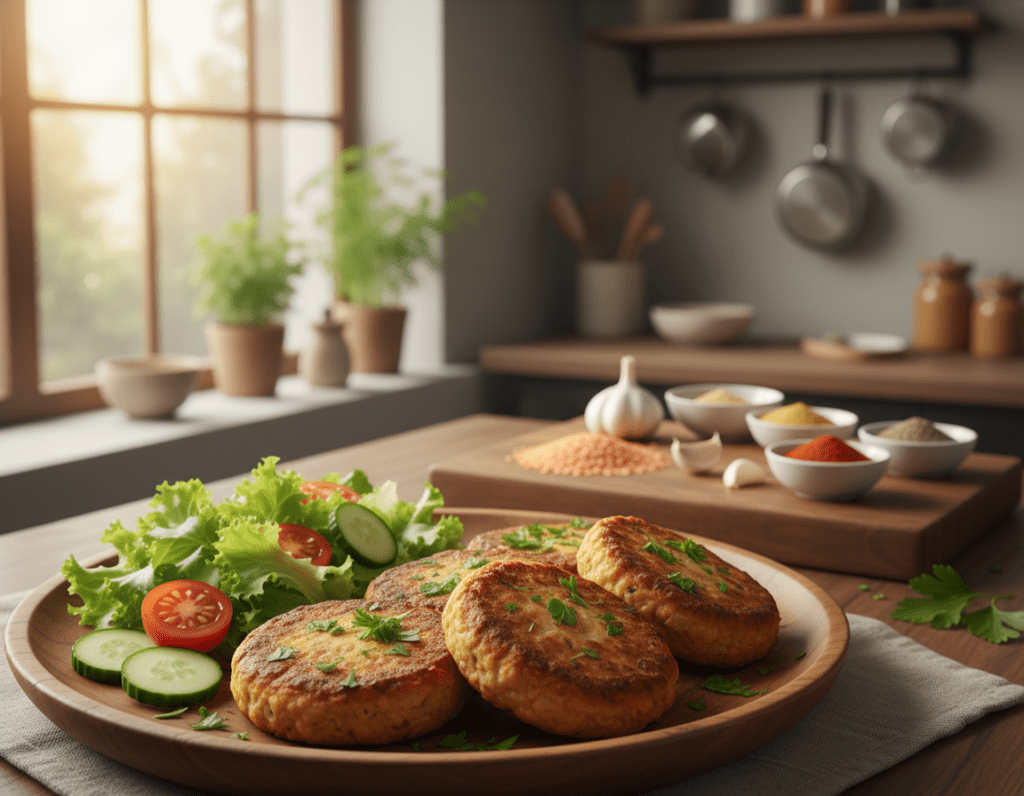 A vibrant and appetizing scene showcasing healthy red lentil patties, artfully arranged on a rustic wooden plate in the foreground. The patties, golden-brown and slightly crisp on the outside, are garnished with fresh herbs and accompanied by a colorful salad of mixed greens, cherry tomatoes, and cucumber slices. In the middle ground, a wooden cutting board holds some raw ingredients like red lentils, garlic, and spices, hinting at the preparation process. Soft, natural lighting streams in from a nearby window, creating a warm and inviting atmosphere, while the background is blurred with hints of a cozy kitchen setting. The overall mood is wholesome and encouraging, emphasizing the nutritious benefits of red lentil patties.