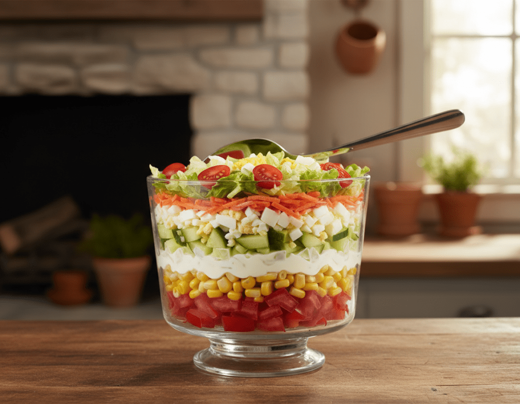 A vibrant and beautifully arranged layer salad in a glass dish, featuring colorful layers of fresh vegetables, creamy mayonnaise, and Miracle Whip. The foreground showcases the salad with a focus on the texture of the ingredients, including diced tomatoes, crisp cucumbers, and shredded carrots, all clearly defined. In the middle layer, a pristine spoon gently rests against the salad, suggesting readiness to serve. The background captures a rustic kitchen setting with warm, inviting lighting illuminating the dish, creating a cozy atmosphere. The composition is shot from a slightly elevated angle to emphasize the height of the layers, evoking a sense of freshness and appeal. No text or branding is present, ensuring the focus remains solely on the salad itself.