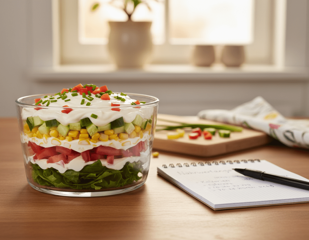 A vibrant and colorful Schichtsalat displayed elegantly on a polished wooden table, showcasing distinct layers of fresh vegetables such as crisp lettuce, bright red tomatoes, and crunchy cucumbers, intertwined with creamy Miracel Whip. The foreground features a close-up of the salad, highlighting its textures and colors, while the middle layer includes a notepad and a pen indicating Nährwertangaben and Kalorien, subtly emphasizing health aspects. In the background, softly blurred kitchen elements create a warm, inviting atmosphere, with natural light streaming in through a window, enhancing the freshness of the salad. The overall mood is bright and cheerful, perfect for an appetizing yet informative culinary article.