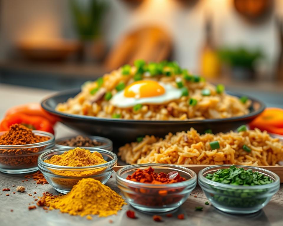 A vibrant and colorful arrangement of Nasi Goreng Gewürze, including a mix of spices like turmeric, chili flakes, and coriander in small bowls, artfully placed in the foreground. In the middle, a steaming plate of fried rice, garnished with green onions and a fried egg, spills over with rich textures and colors. The background includes a subtle, blurred kitchen setting with warm, inviting lighting that enhances the aromatic feel of the spices. Use a shallow depth of field to keep the focus on the spices and dish, capturing the essence of Indonesian culinary culture. The overall mood should be warm and appetizing, inviting viewers to explore the flavors of this special recipe.