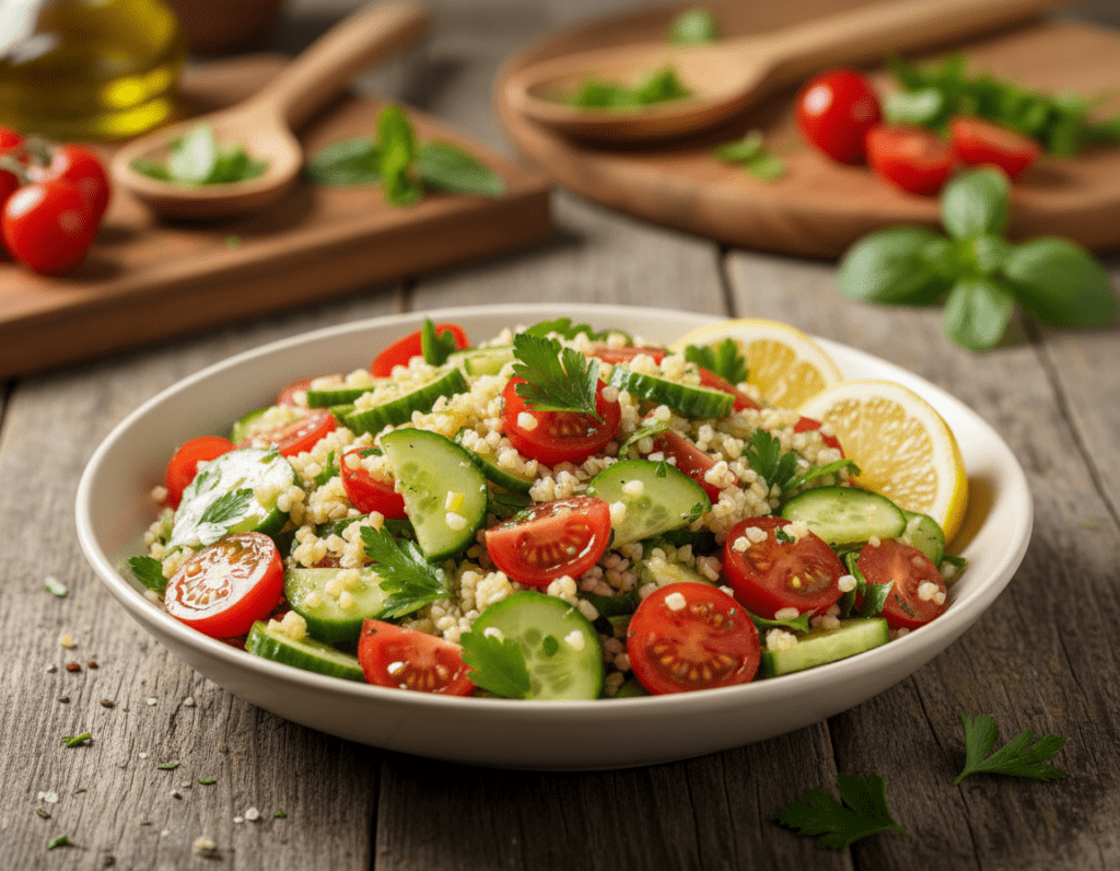 A vibrant and colorful bowl of healthy bulgur salad sits prominently in the foreground, filled with fresh ingredients like diced cucumbers, ripe tomatoes, parsley, and a drizzle of olive oil, showcasing the dish's wholesome appeal. In the middle background, blurred kitchen utensils and fresh ingredients suggest a homey cooking environment, while the background subtly features a rustic wooden table that enhances the natural feel of the scene. The lighting is bright and warm, mimicking natural sunlight to create an inviting atmosphere. The mood conveys health and vitality, emphasizing the nutritious benefits of bulgur salad. A close-up angle focuses on the textures of the salad, highlighting the freshness of each ingredient without any text, overlays, or distractions. A vibrant and colorful bowl of healthy bulgur salad sits prominently in the foreground, filled with fresh ingredients like diced cucumbers, ripe tomatoes, parsley, and a drizzle of olive oil, showcasing the dish's wholesome appeal. In the middle background, blurred kitchen utensils and fresh ingredients suggest a homey cooking environment, while the background subtly features a rustic wooden table that enhances the natural feel of the scene. The lighting is bright and warm, mimicking natural sunlight to create an inviting atmosphere. The mood conveys health and vitality, emphasizing the nutritious benefits of bulgur salad. A close-up angle focuses on the textures of the salad, highlighting the freshness of each ingredient without any text, overlays, or distractions.