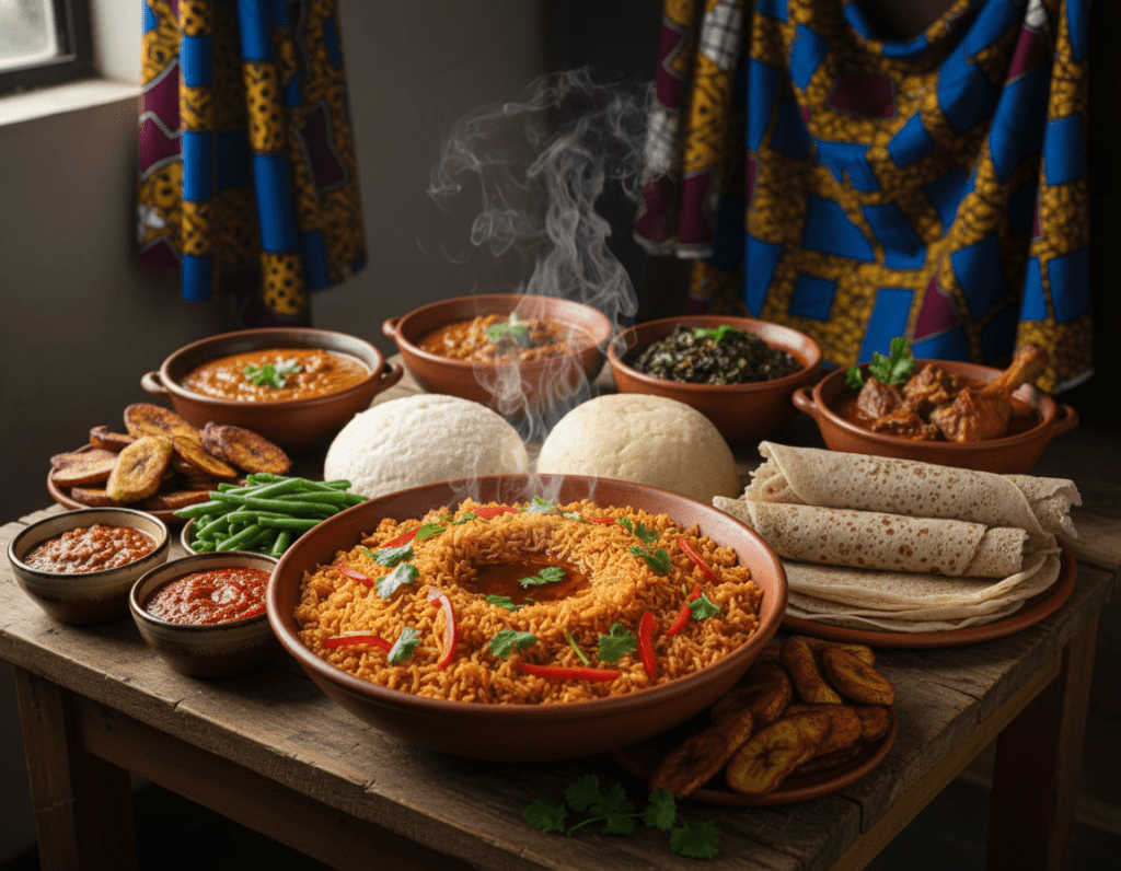 A vibrant and colorful display of traditional African side dishes and staple foods, beautifully arranged on a rustic wooden table. In the foreground, showcase a steaming bowl of jollof rice garnished with fresh herbs, surrounded by a variety of vegetables like ripe plantains, rich green beans, and spicy pepper sauce. In the middle ground, include traditional dishes such as fufu, ugali, and injera, artistically presented with small bowls of assorted stews. The background features a hint of African textiles, creating an inviting atmosphere. Warm, natural lighting casts soft shadows, enhancing the rich colors and textures of the food. Capture the essence of communal sharing and the cultural significance of these foods in a bright, cheerful setting.