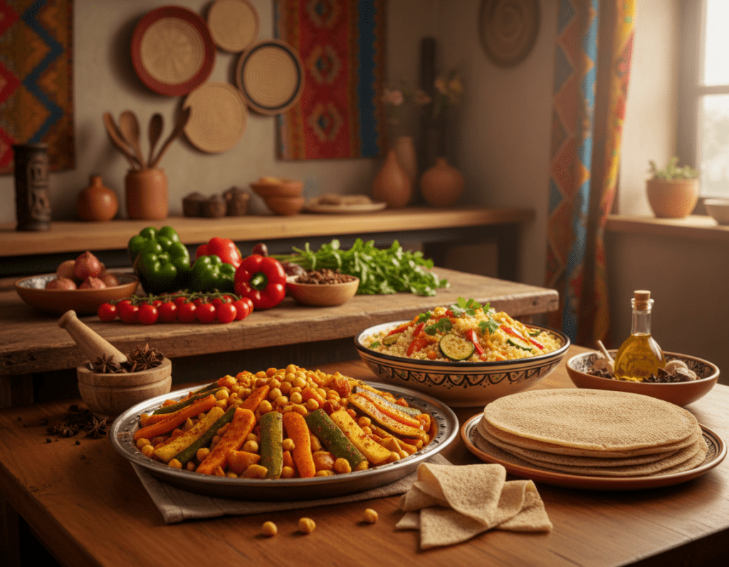 A vibrant and colorful kitchen scene featuring an assortment of vegetarian African dishes. In the foreground, a beautifully arranged dining table showcases a vibrant platter of spicy vegetable tagine, fresh injera bread, and a bowl of couscous topped with roasted vegetables. The middle of the scene includes a rustic wooden countertop adorned with fresh ingredients like tomatoes, peppers, and spices, emphasizing the preparation of these dishes. The background displays an African-inspired decor with woven baskets and colorful textiles. Soft, warm lighting highlights the textures of the food and the inviting atmosphere, creating a cozy, welcoming mood. Use a shallow depth of field to focus on the dishes while softly blurring the background for a more intimate feel, capturing the essence of sharing healthy, flavorful meals.