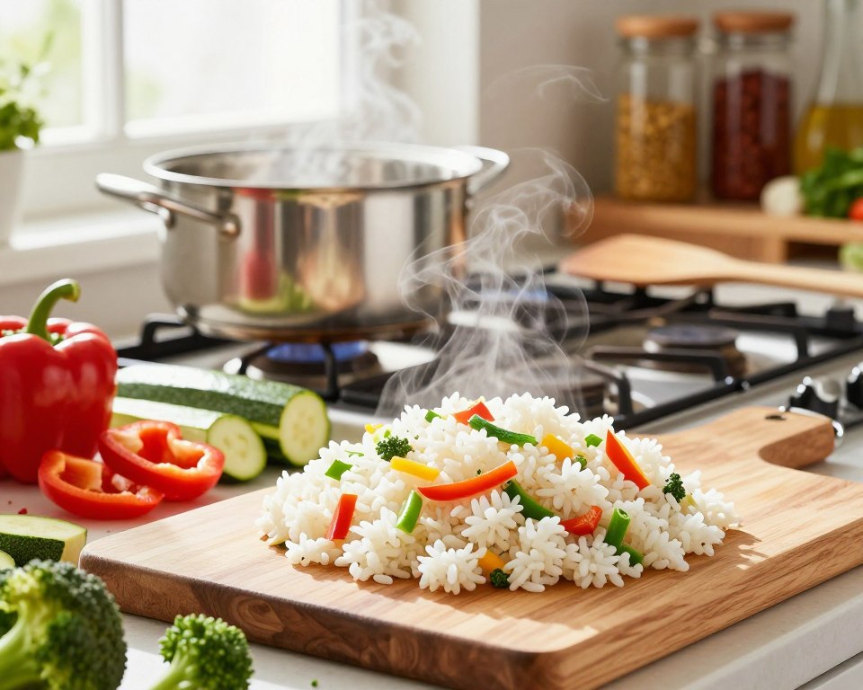 A vibrant and colorful kitchen scene showcasing the process of preparing rice for a vegetable stir-fry. In the foreground, a wooden cutting board with perfectly cooked, fluffy rice, steam rising gently, accompanied by fresh chopped vegetables like bell peppers, zucchini, and broccoli scattered around. In the middle ground, a stainless steel pot on a gas stove, glistening as it simmers, while a wooden spatula waits nearby. Bright natural lighting streams through a nearby window, creating a warm and inviting atmosphere. In the background, shelves filled with spices and ingredients add depth to the scene. The angle captures the essence of cooking preparation, making viewers feel engaged and inspired to create their own delicious vegetable stir-fry.