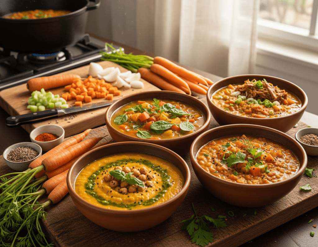 A vibrant and colorful platter showcasing various creative variations of "Möhreneintopf," a traditional carrot stew. In the foreground, beautifully arranged bowls of different styles of the stew, each with unique ingredients like chickpeas, spinach, and herbs, garnished with fresh parsley. The middle layer highlights a rustic wooden table strewn with whole carrots, spices, and a cutting board with diced vegetables, emphasizing a home-cooked, inviting atmosphere. In the background, soft-focus kitchen elements like a pot simmering on the stove and a window allowing warm sunlight to stream in, creating a cozy, welcoming environment. The mood is warm and inviting, perfect for home cooking, captured with natural lighting for a genuine look.