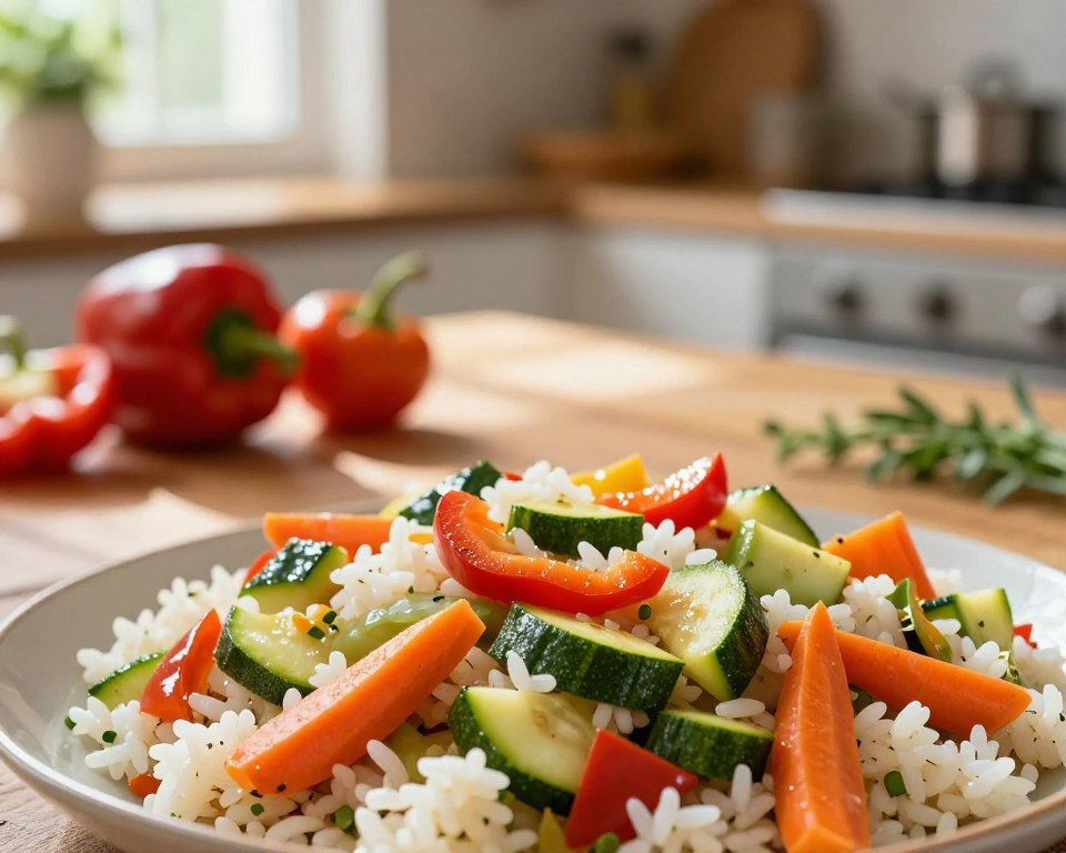 A vibrant and colorful vegetable stir-fry with rice showcased prominently in the foreground. The dish features a variety of fresh vegetables, including bell peppers, zucchini, and carrots, sautéed to perfection, mixed with fluffy white rice. In the middle, a rustic wooden table adds warmth, scattered with a few whole vegetables and herbs for added texture. The background is softly blurred, featuring a cozy kitchen setting with natural light pouring in from a window, creating a warm and inviting atmosphere. The image should evoke a sense of health and freshness, utilizing a warm color palette with sunlight highlights. Capture the scene with a close-up angle to emphasize the textures of the vegetables and rice.