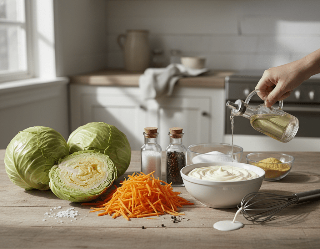 A vibrant and detailed display of essential ingredients for making authentic coleslaw, arranged artistically on a wooden kitchen table. In the foreground, fresh green cabbage heads, shredded carrots, and a bowl of mayonnaise are prominently featured, highlighting their textures and colors. The middle layer includes spices like salt and pepper in small glass containers, along with a splash of vinegar, creating a visual balance. The background is softly blurred, showcasing a rustic kitchen setting with soft natural light coming from a nearby window, casting gentle shadows. The atmosphere is inviting and appetizing, perfect for illustrating a recipe section. Emphasize a clean and fresh appearance, ensuring no text or distractions are present. A vibrant and detailed display of essential ingredients for making authentic coleslaw, arranged artistically on a wooden kitchen table. In the foreground, fresh green cabbage heads, shredded carrots, and a bowl of mayonnaise are prominently featured, highlighting their textures and colors. The middle layer includes spices like salt and pepper in small glass containers, along with a splash of vinegar, creating a visual balance. The background is softly blurred, showcasing a rustic kitchen setting with soft natural light coming from a nearby window, casting gentle shadows. The atmosphere is inviting and appetizing, perfect for illustrating a recipe section. Emphasize a clean and fresh appearance, ensuring no text or distractions are present.