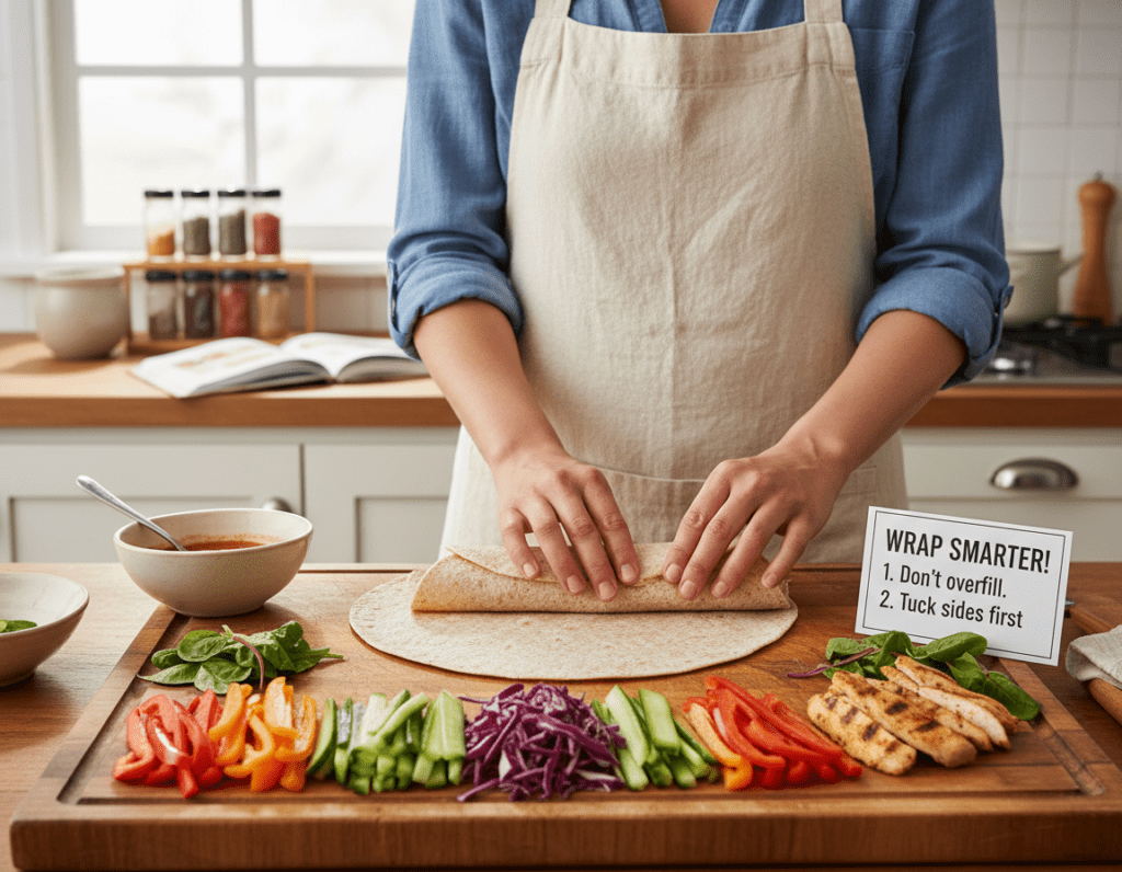 A vibrant and detailed kitchen scene showcasing the process of making chicken wraps. In the foreground, a wooden cutting board displays neatly sliced colorful vegetables such as bell peppers, cucumbers, and vibrant greens, along with tender grilled chicken strips. A slightly crumpled tortilla lies open, invitingly ready for filling. In the middle ground, a cheerful, modestly dressed person (wearing a simple apron) expertly wraps the ingredients, with a look of concentration on their face. The background features warm, inviting kitchen elements, like a recipe book and various seasonings on a shelf. Soft, natural light filters in from a nearby window, enhancing the cozy atmosphere. The mood is one of creativity and culinary skill, emphasizing tips to avoid common mistakes in wrap preparation.
