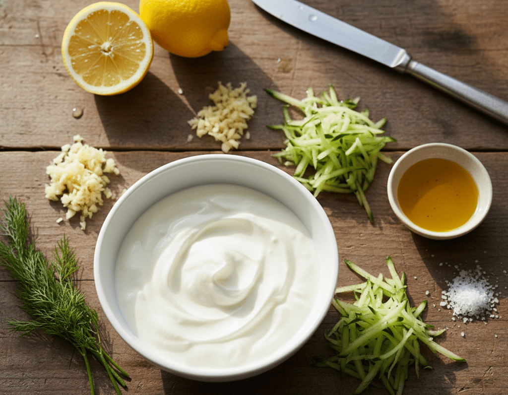 A vibrant and fresh arrangement of ingredients for authentic Greek Tzatziki, showcasing a clear focus on key Zaziki ingredients. In the foreground, place a bowl of creamy Greek yogurt, surrounded by finely chopped garlic cloves, fresh dill, and grated cucumber with droplets of moisture glistening. In the middle, a small dish of olive oil and a sprinkle of salt should add depth. The background features a rustic wooden table, with lemon halves and a knife, enhancing the natural, homemade feel. Soft, natural lighting should illuminate the scene, creating an inviting atmosphere. Use a warm color palette to evoke a sense of freshness and authenticity, captured from an overhead angle to emphasize the variety of textures and vibrant colors. A vibrant and fresh arrangement of ingredients for authentic Greek Tzatziki, showcasing a clear focus on key Zaziki ingredients. In the foreground, place a bowl of creamy Greek yogurt, surrounded by finely chopped garlic cloves, fresh dill, and grated cucumber with droplets of moisture glistening. In the middle, a small dish of olive oil and a sprinkle of salt should add depth. The background features a rustic wooden table, with lemon halves and a knife, enhancing the natural, homemade feel. Soft, natural lighting should illuminate the scene, creating an inviting atmosphere. Use a warm color palette to evoke a sense of freshness and authenticity, captured from an overhead angle to emphasize the variety of textures and vibrant colors.