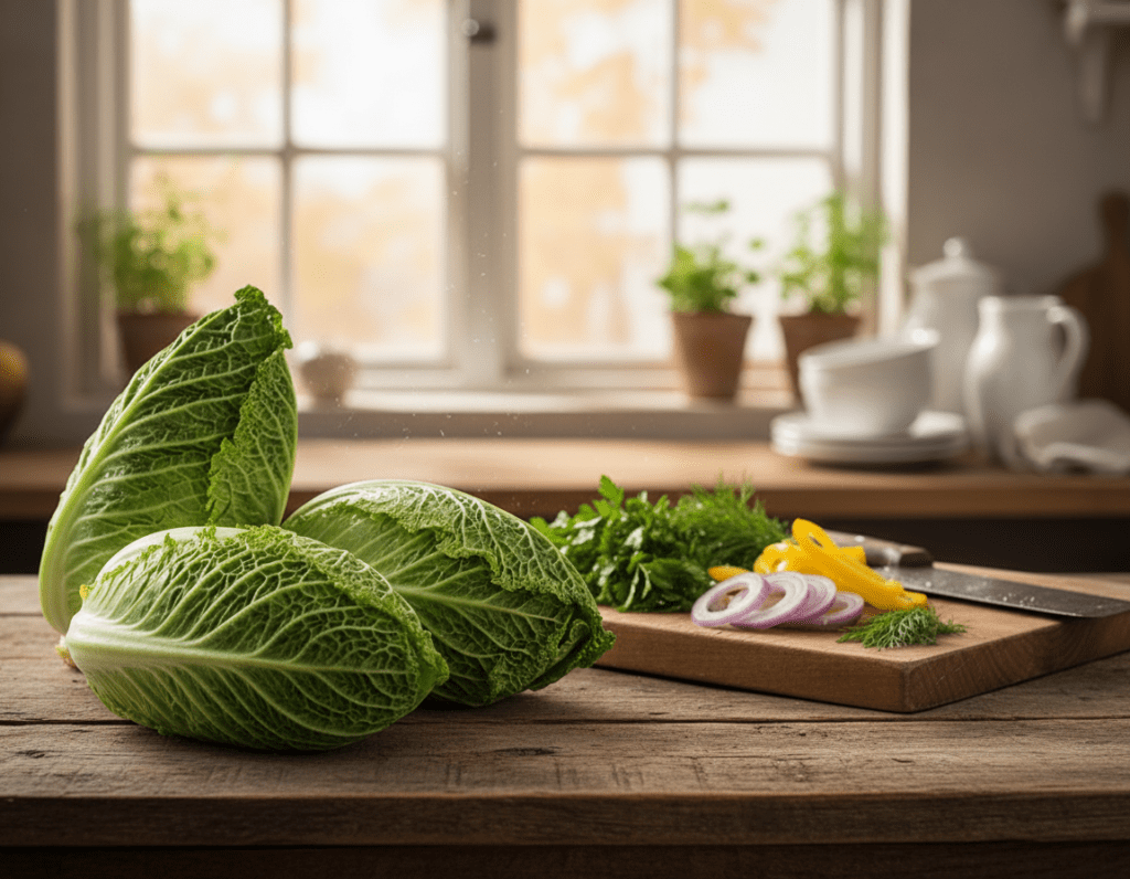A vibrant and fresh selection of Spitzkohl (pointed cabbage) displayed in an inviting arrangement. In the foreground, showcase two or three heads of Spitzkohl with their delicate, crinkled leaves in rich shades of green, highlighting their freshness and texture. In the middle ground, a wooden cutting board is placed, partially covered with bright green herbs and sliced ingredients, conveying preparation for a meal. The background should feature a softly blurred kitchen setting, with natural light streaming in through a window, creating a warm, homey atmosphere. The image should evoke a sense of freshness and culinary inspiration, emphasizing the beauty and versatility of Spitzkohl as a primary ingredient.