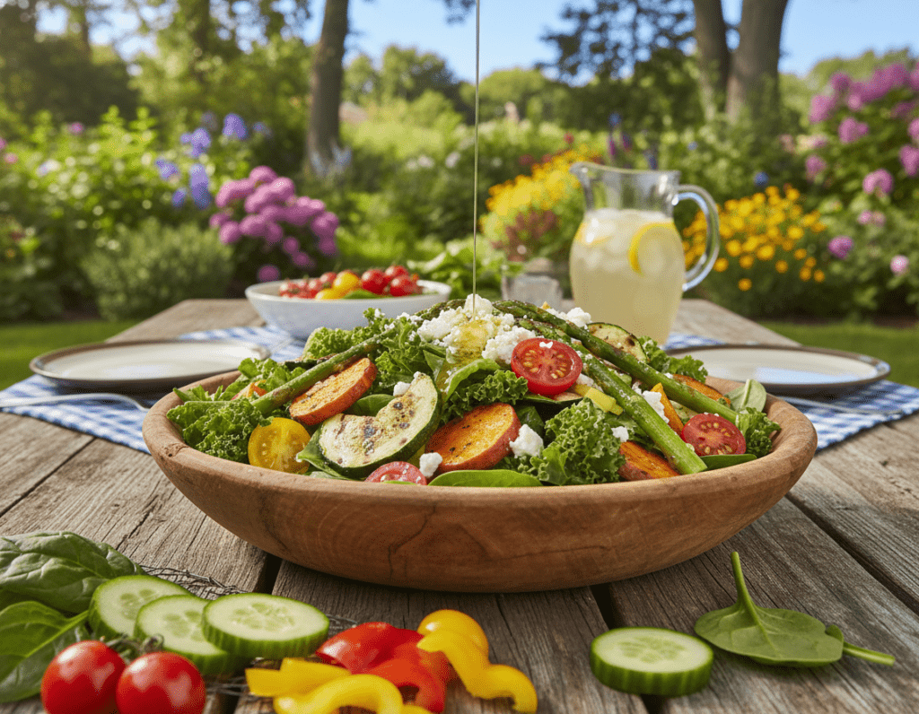A vibrant and fresh summer salad, featuring a colorful assortment of grilled vegetables and mixed greens, arranged artfully in a rustic wooden bowl. The foreground captures juicy cherry tomatoes, crisp cucumbers, and bright bell peppers, topped with a sprinkle of feta cheese and drizzled with a light vinaigrette. In the middle, a backdrop of a sunlit picnic table set in a lush garden enhances the inviting atmosphere. The background includes greenery and hints of colorful flowers, with soft natural lighting illuminating the scene. The overall mood is cheerful and relaxed, ideal for a summer BBQ setting. The image should be bright and engaging, showcasing the freshness and appeal of summery grill side dishes without any text or overlays.