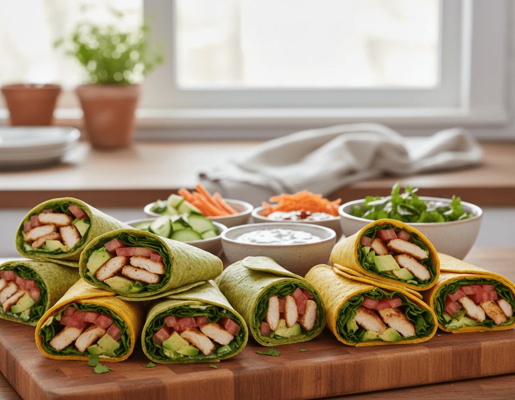 A vibrant and healthy scene depicting a variety of gourmet chicken wraps arranged on a wooden cutting board. In the foreground, colorful wraps are filled with fresh ingredients like grilled chicken, crisp lettuce, tomatoes, and avocados, showcasing their enticing textures and colors. The middle ground features neatly organized bowls of additional toppings, such as diced cucumbers, shredded carrots, and sauces, inviting a sense of culinary creativity. The background is softly blurred, presenting a cozy kitchen ambiance with natural light streaming in through a window, illuminating the wraps and enhancing their freshness. The image should evoke a warm, inviting atmosphere, perfect for readers interested in wholesome eating. No text, logos, or watermarks should be present.