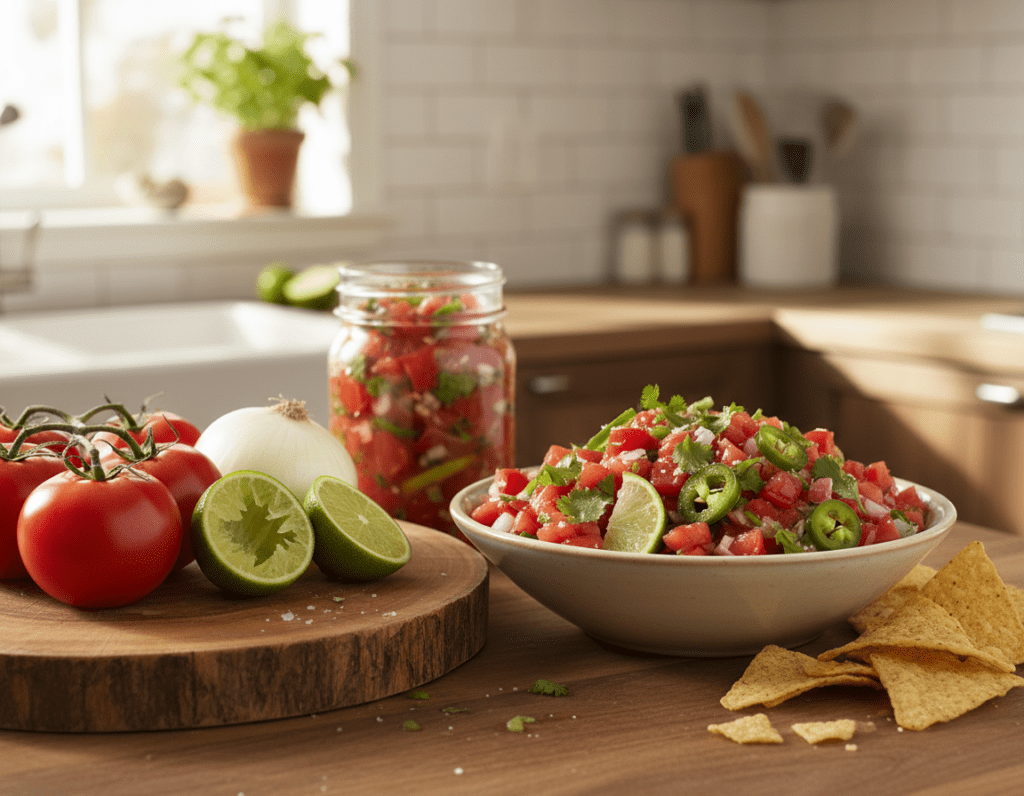 A vibrant and inviting kitchen counter featuring a bowl of freshly made salsa, brimming with diced tomatoes, onions, jalapeños, cilantro, and a squeeze of lime. In the foreground, a rustic wooden cutting board displays additional fresh ingredients, including whole tomatoes, onions, and lime halves, enhancing the sense of culinary freshness. The middle layer captures a glass jar filled with salsa, showcasing its chunky texture and bright colors, while a handful of tortilla chips lies enticingly nearby. The background offers a softly blurred view of the kitchen, illuminated by warm, natural light filtering through a window, creating a cozy and inviting atmosphere. The overall mood is joyful and appetizing, inspiring the viewer to embrace homemade cooking.