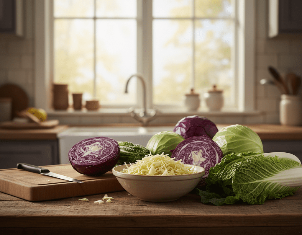 A vibrant and inviting kitchen scene focused on various types of cabbages ideal for coleslaw. In the foreground, a rustic wooden table is adorned with a selection of fresh green cabbage, red cabbage, and napa cabbage, their leaves glistening with moisture. A sharp knife and a cutting board sit nearby, hinting at preparation. In the middle ground, a softly lit bowl holds shredded cabbage, showcasing its crisp texture. The background features a subtle blurred kitchen with warm, natural lighting filtering through a window, creating a welcoming and homey atmosphere. The composition conveys a sense of freshness and culinary creativity, inviting viewers to explore the best cabbage choices for coleslaw. A vibrant and inviting kitchen scene focused on various types of cabbages ideal for coleslaw. In the foreground, a rustic wooden table is adorned with a selection of fresh green cabbage, red cabbage, and napa cabbage, their leaves glistening with moisture. A sharp knife and a cutting board sit nearby, hinting at preparation. In the middle ground, a softly lit bowl holds shredded cabbage, showcasing its crisp texture. The background features a subtle blurred kitchen with warm, natural lighting filtering through a window, creating a welcoming and homey atmosphere. The composition conveys a sense of freshness and culinary creativity, inviting viewers to explore the best cabbage choices for coleslaw.