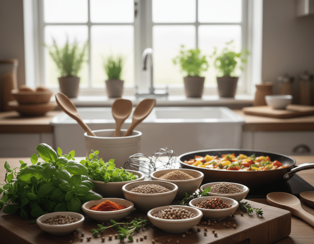 A vibrant and inviting kitchen scene, showcasing an array of colorful spices and fresh herbs as key elements. In the foreground, a wooden cutting board displays small bowls filled with herbs like basil, oregano, and thyme, alongside various spices such as paprika, cumin, and coriander. The middle layer features a cozy kitchen countertop with a few utensils and a bright, aromatic dish being prepared, suggesting a quick meal. In the background, soft, natural light streams through a window, illuminating a herb garden on the sill. The overall atmosphere is warm and encouraging, inspiring a sense of ease and creativity in cooking with minimal ingredients. The image should have a shallow depth of field, focusing on the spices while slightly blurring the kitchen elements around them.