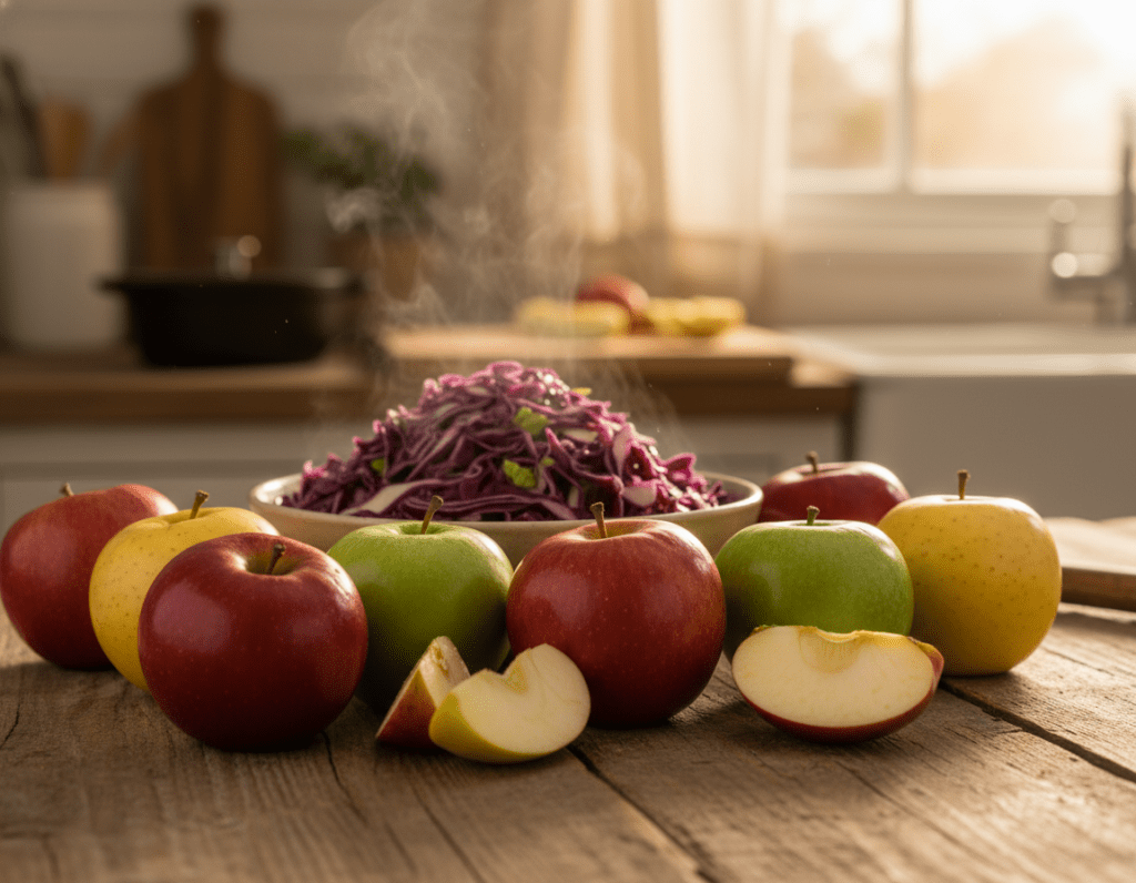 A vibrant and inviting scene showcasing a selection of apples ideal for a red cabbage dish. In the foreground, arrange an assortment of fresh, glossy red, green, and yellow apples, each with visible textures and natural shine. The apples should be scattered artistically on a rustic wooden table, hinting at a homely, culinary vibe. In the middle ground, feature a backdrop of finely chopped red cabbage with a hint of steam, suggesting freshness and readiness for cooking. The background should softly fade into a blurred kitchen setting with warm, ambient light shining through a window, creating a cozy atmosphere. Capture the scene with a shallow depth of field to emphasize the apples in the foreground. The overall mood should be warm, inviting, and culinary-inspired, evoking a sense of deliciousness and home cooking. A vibrant and inviting scene showcasing a selection of apples ideal for a red cabbage dish. In the foreground, arrange an assortment of fresh, glossy red, green, and yellow apples, each with visible textures and natural shine. The apples should be scattered artistically on a rustic wooden table, hinting at a homely, culinary vibe. In the middle ground, feature a backdrop of finely chopped red cabbage with a hint of steam, suggesting freshness and readiness for cooking. The background should softly fade into a blurred kitchen setting with warm, ambient light shining through a window, creating a cozy atmosphere. Capture the scene with a shallow depth of field to emphasize the apples in the foreground. The overall mood should be warm, inviting, and culinary-inspired, evoking a sense of deliciousness and home cooking.