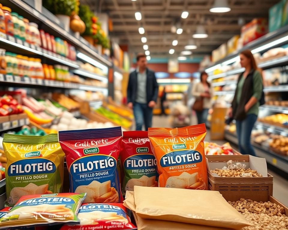 A vibrant and inviting scene showcasing a well-organized grocery store aisle in Germany, filled with various food ingredients essential for making Greek desserts. In the foreground, prominently display packages of Filoteig (phyllo dough) in colorful, eye-catching packaging, with a few other typical ingredients like honey, nuts, and yogurt scattered nearby. In the middle ground, neatly arranged shelves filled with fresh produce and dessert supplies enhance the atmosphere. The background features soft, warm lighting that creates a cozy shopping environment, with blurred shoppers in modest casual clothing, engaged in browsing for ingredients. The overall mood is uplifting and friendly, evoking the pleasure of discovering authentic cooking products. Use a wide-angle lens to capture depth and detail throughout the scene.