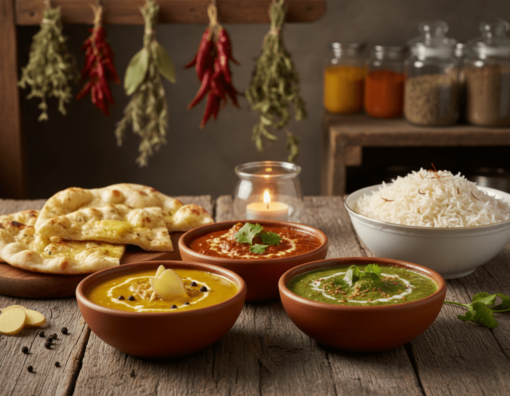 A vibrant and mouth-watering display of a variety of curry dishes beautifully arranged on a rustic wooden table. In the foreground, several small bowls feature colorful curries: a rich yellow turmeric curry, a deep red tomato-based curry, and a green cilantro curry, each garnished with fresh herbs and spices. Slices of naan bread and a bowl of fragrant basmati rice accompany the curries. In the middle of the scene, a softly glowing candle adds warmth, creating an inviting atmosphere. The background consists of a blurred kitchen setting with herbs hanging and colorful spices in jars, enhancing the culinary theme. The lighting is warm and soft, mimicking a cozy kitchen ambiance, emphasizing the richness and texture of the dishes, with a slight focus that draws attention to the meal's vibrancy and diversity. A vibrant and mouth-watering display of a variety of curry dishes beautifully arranged on a rustic wooden table. In the foreground, several small bowls feature colorful curries: a rich yellow turmeric curry, a deep red tomato-based curry, and a green cilantro curry, each garnished with fresh herbs and spices. Slices of naan bread and a bowl of fragrant basmati rice accompany the curries. In the middle of the scene, a softly glowing candle adds warmth, creating an inviting atmosphere. The background consists of a blurred kitchen setting with herbs hanging and colorful spices in jars, enhancing the culinary theme. The lighting is warm and soft, mimicking a cozy kitchen ambiance, emphasizing the richness and texture of the dishes, with a slight focus that draws attention to the meal's vibrancy and diversity.