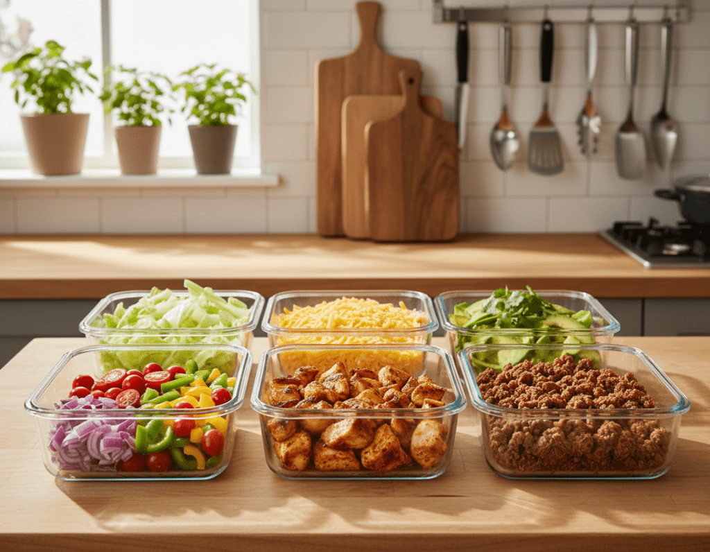 A vibrant and organized meal prep scene featuring various taco fillings neatly arranged in clear glass containers. In the foreground, display colorful chopped vegetables like red onions, bell peppers, and tomatoes, alongside neatly diced chicken and seasoned beef, all fresh and appetizing. The middle layer includes additional toppings like shredded lettuce, cheese, and avocado, with a sprinkle of fresh cilantro. In the background, an inviting kitchen setting with wooden cutting boards, stainless steel utensils, and a bright window letting in natural light, creating a warm, cozy atmosphere. Use a balanced composition, with a sharp focus on the taco ingredients to convey a sense of preparation and excitement for cooking, enhancing the overall mood of readiness and freshness.