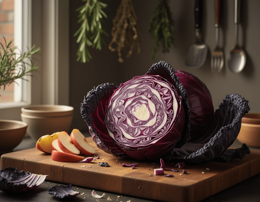 A vibrant arrangement of fresh red cabbage, showcasing its deep purple exterior with a textured, leafy surface, sits prominently in the foreground. The cabbage is partially sliced, revealing its bright interior and intricate leaf patterns. In the middle ground, a rustic wooden cutting board is adorned with a few apple slices, highlighting the recipe theme. Soft, natural light filters in from a nearby window, casting gentle shadows and enhancing the rich colors. The background fades into a blurred kitchen scene with subtle hints of herbs and culinary tools, evoking a warm, homey atmosphere. The overall mood conveys freshness and culinary inspiration, perfect for illustrating the qualities of red cabbage. A vibrant arrangement of fresh red cabbage, showcasing its deep purple exterior with a textured, leafy surface, sits prominently in the foreground. The cabbage is partially sliced, revealing its bright interior and intricate leaf patterns. In the middle ground, a rustic wooden cutting board is adorned with a few apple slices, highlighting the recipe theme. Soft, natural light filters in from a nearby window, casting gentle shadows and enhancing the rich colors. The background fades into a blurred kitchen scene with subtle hints of herbs and culinary tools, evoking a warm, homey atmosphere. The overall mood conveys freshness and culinary inspiration, perfect for illustrating the qualities of red cabbage.