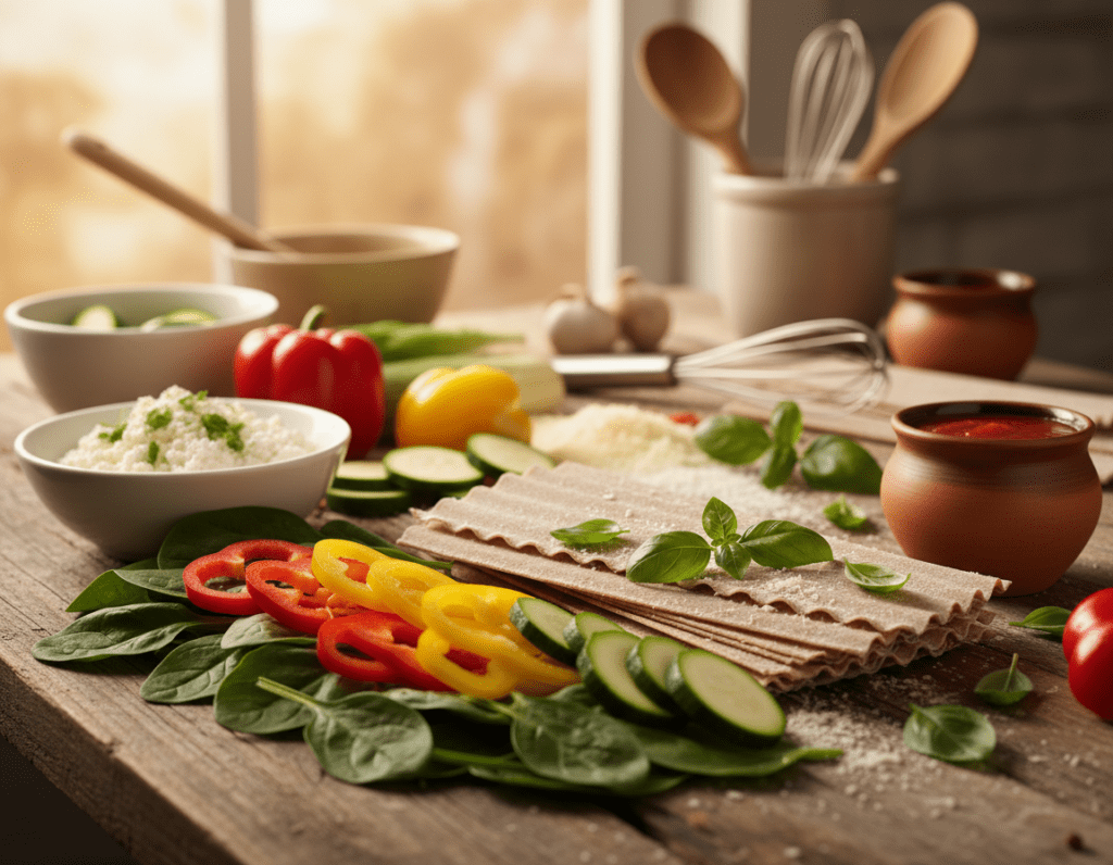 A vibrant arrangement of fresh vegetarian lasagna ingredients laid out on a rustic wooden kitchen table. In the foreground, you see layers of fresh green spinach, colorful bell peppers, sliced zucchini, and a rich ricotta cheese blend. A small bowl of marinara sauce glimmers nearby. In the middle, whole wheat lasagna noodles are artfully arranged, and a sprinkle of fresh basil adds a pop of color. The background features softly blurred kitchen utensils and a warm light streaming in through a window, enhancing the inviting atmosphere. A shallow depth of field captures the fresh textures and colors beautifully, creating an appealing and wholesome scene perfect for showcasing the best ingredients for vegetarian lasagna.