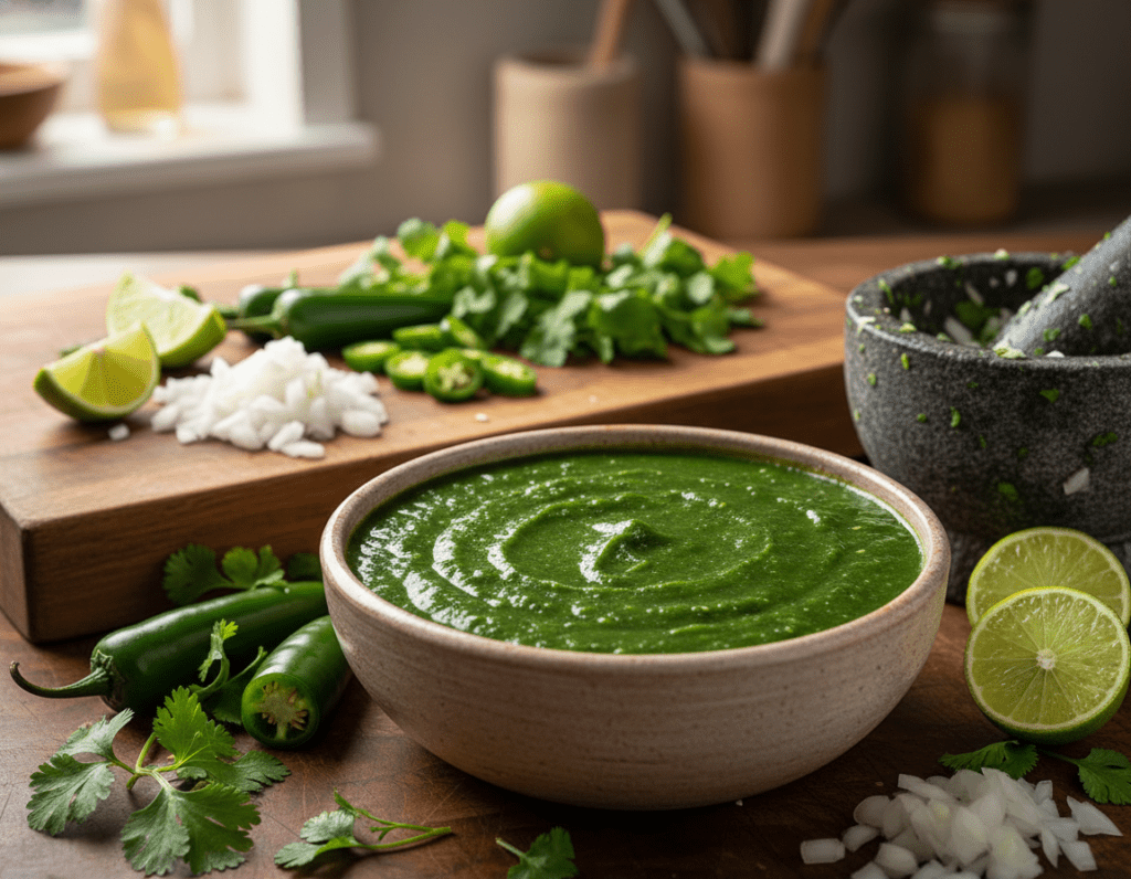 A vibrant arrangement of freshly made Salsa Verde, showcasing a smooth, rich green sauce in a rustic ceramic bowl at the forefront. Surrounding the bowl, vibrant ingredients like chopped cilantro, green chilies, diced onions, and halved limes are artfully scattered. In the middle, a wooden cutting board enhances the homemade ambiance, while a mortar and pestle rest beside the bowl, hinting at the traditional preparation method. The background features a blurred kitchen setting with warm, inviting lighting, creating a cozy atmosphere. Soft reflections on the surface of the salsa add a touch of freshness, capturing the essence of this green alternative to salsa. The overall mood is appetizing and inviting, perfect for a culinary article.