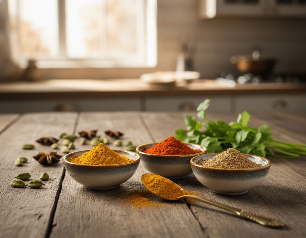 A vibrant arrangement of various curry spices is elegantly displayed on a rustic wooden table. In the foreground, there are small ceramic bowls filled with colorful spices: bright yellow turmeric, deep red chili powder, earthy cumin, and fragrant coriander. A golden spoon rests beside them, partially covered in ground spices. In the middle ground, fresh herbs such as cilantro and whole spices like star anise and cardamom add texture and freshness. The background features a softly blurred kitchen setting, with warm light streaming in through a window, casting gentle highlights and shadows across the table. This composition reflects a cozy, inviting atmosphere, perfect for the art of cooking. The focus is sharp on the spices, suggesting a rich blend of flavors waiting to transform a delicious chicken curry dish.