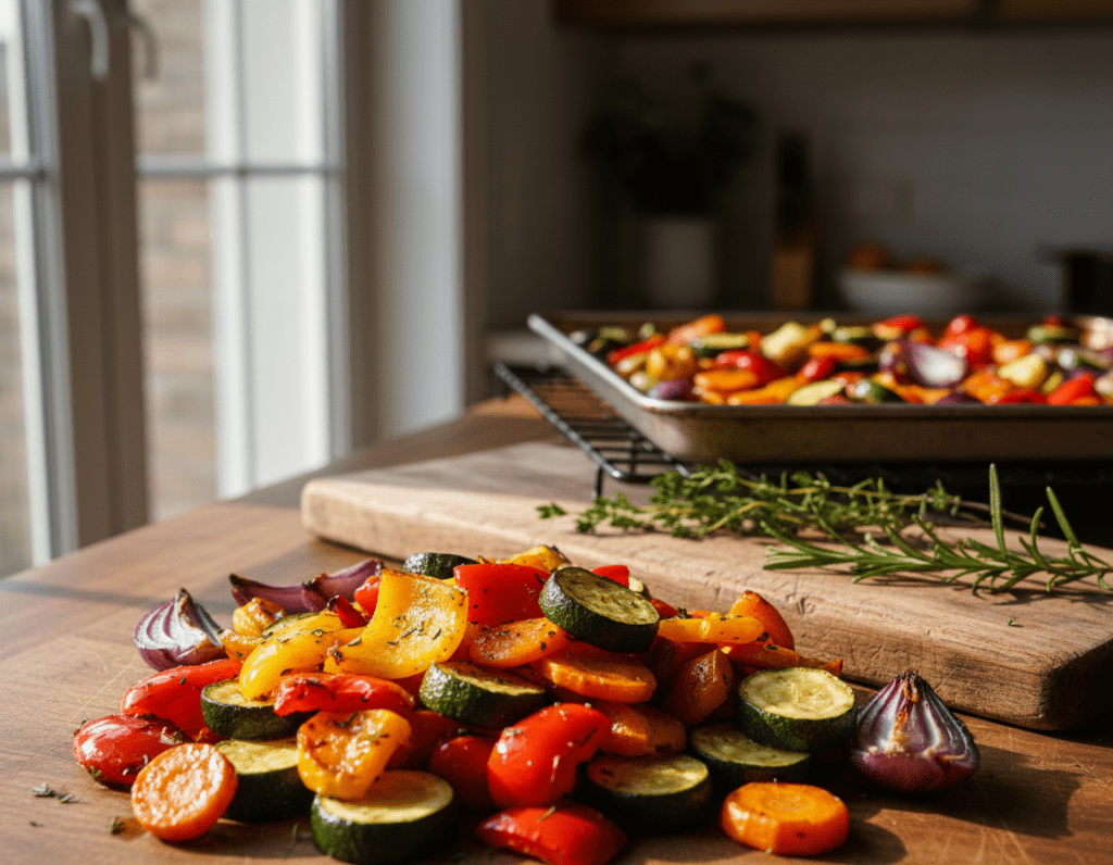 A vibrant array of roasted vegetables suitable for a hearty oven soup. In the foreground, showcase a colorful mix of bell peppers, zucchini, carrots, and onions, all caramelized to a golden brown. The middle ground features a rustic wooden cutting board, accentuated by sprigs of fresh herbs like thyme and rosemary. In the background, a softly blurred kitchen setting reveals a baking tray with more roasted vegetables, hinting at the process. Natural light streams in from a nearby window, casting warm, inviting shadows and illuminating the textures of the vegetables. The mood is cozy and homely, evoking the essence of comfort food and hearty meals prepared at home. A vibrant array of roasted vegetables suitable for a hearty oven soup. In the foreground, showcase a colorful mix of bell peppers, zucchini, carrots, and onions, all caramelized to a golden brown. The middle ground features a rustic wooden cutting board, accentuated by sprigs of fresh herbs like thyme and rosemary. In the background, a softly blurred kitchen setting reveals a baking tray with more roasted vegetables, hinting at the process. Natural light streams in from a nearby window, casting warm, inviting shadows and illuminating the textures of the vegetables. The mood is cozy and homely, evoking the essence of comfort food and hearty meals prepared at home.