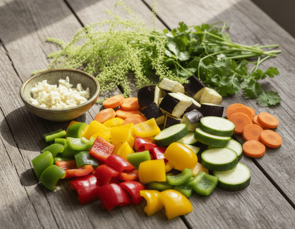 A vibrant assortment of fresh vegetables ideal for a curry dish, arranged artfully on a rustic wooden table. In the foreground, a variety of colorful bell peppers—red, yellow, and green—juxtaposed with green zucchini, vibrant carrots, and bright purple eggplant, all sliced into bite-sized pieces. In the middle ground, a bowl of finely chopped garlic and ginger adds a touch of aromatic detail. Behind, light willow herbs and fresh cilantro sprigs create a lively backdrop. Soft, natural lighting highlights the textures and colors, casting gentle shadows. The atmosphere feels warm and inviting, evoking the essence of a home-cooked meal. The angle captures the ingredients from a slightly elevated perspective, inviting viewers to imagine cooking.