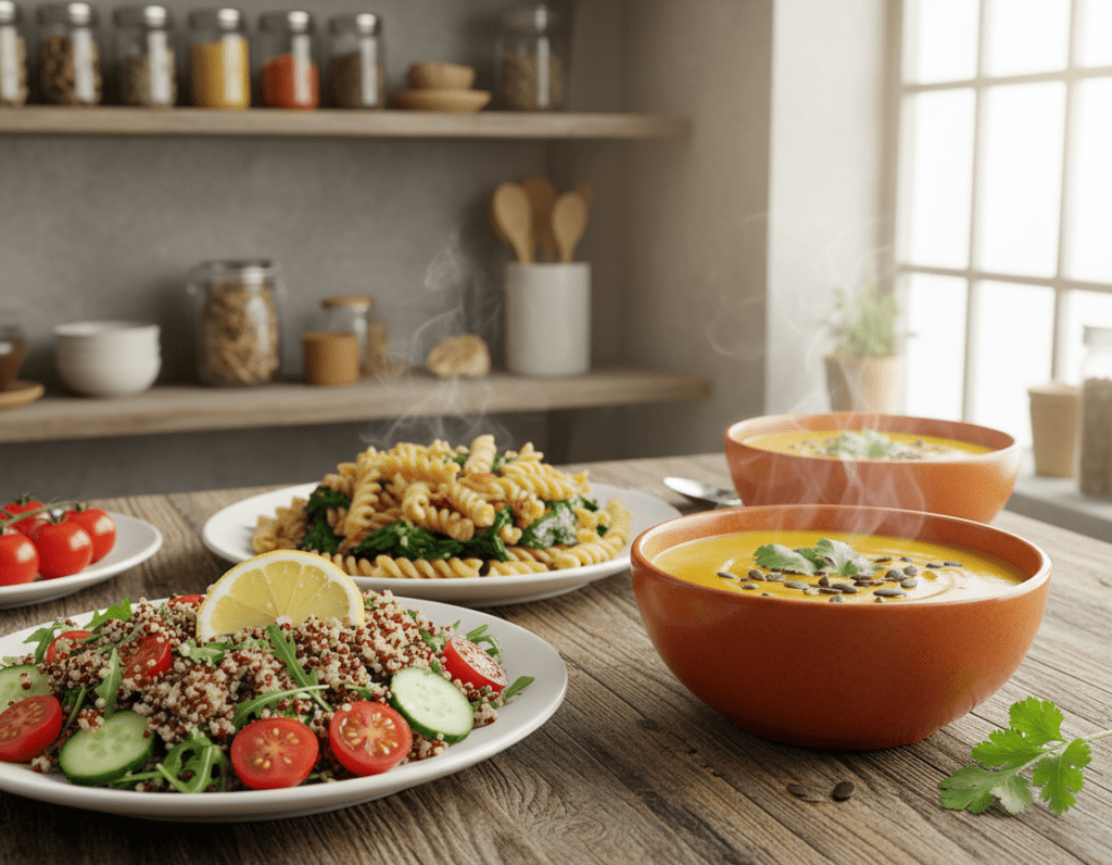 A vibrant assortment of vegetarian quick dishes arranged on a rustic wooden table. In the foreground, a colorful quinoa salad with cherry tomatoes, cucumbers, and arugula, garnished with a slice of lemon. Next to it, a steaming bowl of creamy pumpkin soup topped with pumpkin seeds and a sprig of cilantro. The middle ground features a plate of whole-grain pasta with sautéed spinach and garlic, drizzled with olive oil. In the background, a bright kitchen setting with open shelves filled with herbs and spices, and a window allowing soft, natural light to filter in, creating a warm and inviting atmosphere. The scene should evoke a sense of simplicity and freshness, perfect for quick and healthy meals.