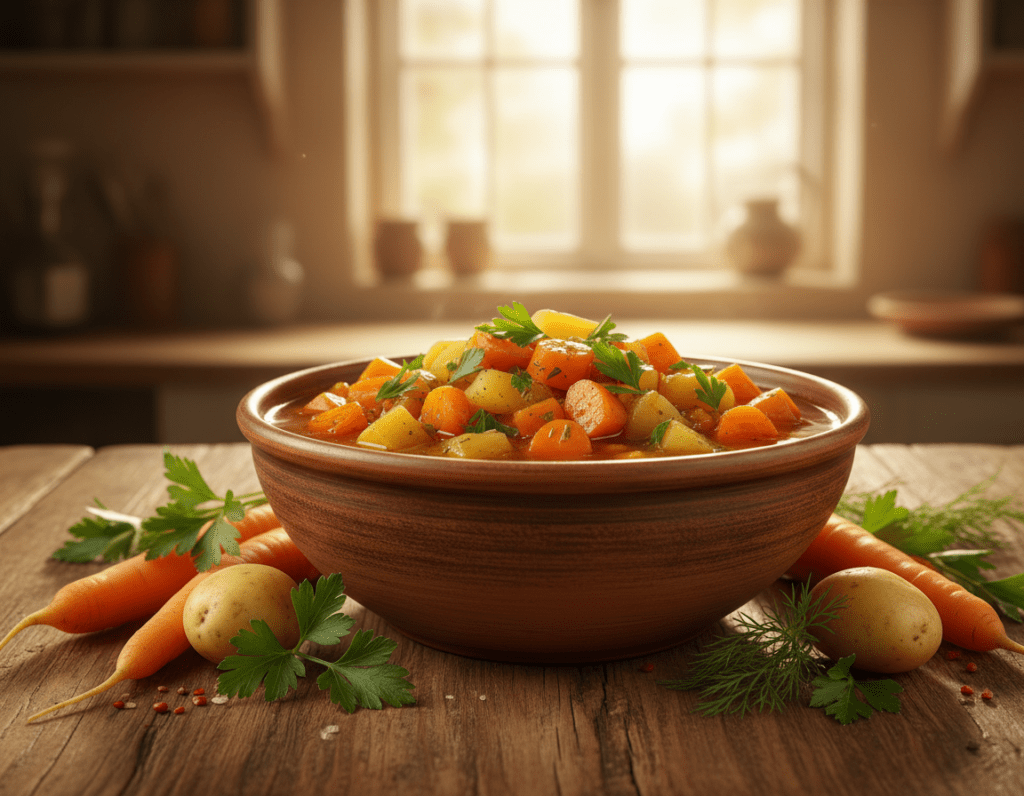 A vibrant bowl of Möhreneintopf sits prominently in the foreground, showcasing a hearty stew with colorful chunks of carrots, potatoes, and herbs glistening in a rich broth. The bowl is rustic, made of earthy ceramic, and surrounded by fresh vegetables and herbs that highlight its natural ingredients. In the middle ground, a wooden table adds warmth, with a subtle hint of a cozy kitchen ambiance in the background, where soft, natural light filters through a window. The scene conveys a comforting, inviting atmosphere, ideal for any season, suggesting warmth and nourishment. The lighting is soft and warm, reminiscent of golden hour, emphasizing the stew's hearty colors. No text or distractions should be present, allowing the focus to remain solely on the dish and its inviting presentation.