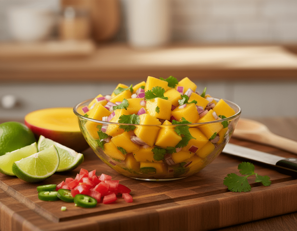 A vibrant bowl of fruity mango salsa, showcasing an array of fresh ingredients. In the foreground, the salsa is filled with diced ripe mangoes, red onions, and chopped cilantro, glistening with lime juice. Nearby, pristine lime wedges and a scattering of colorful chopped tomatoes and jalapeños add depth to the scene. In the middle, a rustic wooden cutting board displays the partially sliced mangoes and utensils, enhancing the cooking atmosphere. The background features a softly blurred kitchen setting with warm, inviting lighting, highlighting the freshness of the ingredients. The overall mood is cheerful and appetizing, perfect for showcasing versatile salsa variations. The image is captured in a shallow depth of field, focusing on the salsa while providing a cozy, homey feel.
