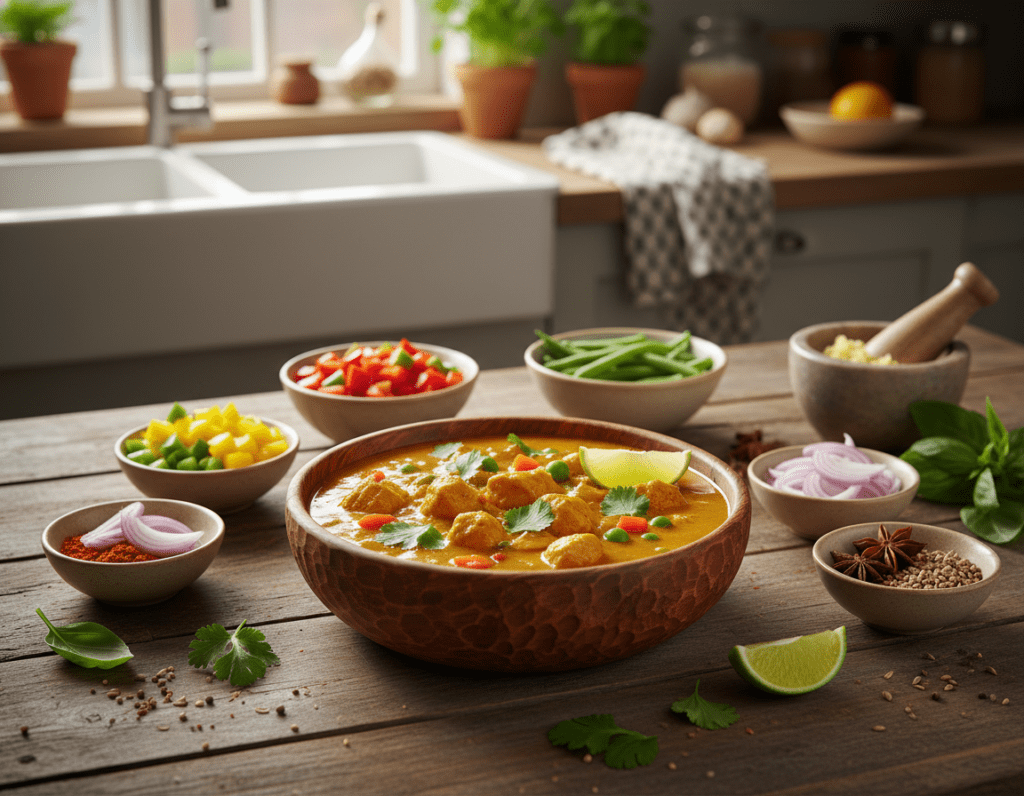 A vibrant bowl of low-calorie chicken curry sits on a rustic wooden table, surrounded by fresh ingredients like chopped vegetables, herbs, and spices. In the foreground, the curry is garnished with cilantro and a slice of lime, showcasing a rich orange-yellow color with a creamy texture. The middle ground features neatly arranged bowls of diced bell peppers, green beans, and onions, accentuating the fresh, healthy choices in the recipe. In the background, a warm, inviting kitchen atmosphere is created with soft, natural lighting streaming through a window, casting gentle shadows. The setting evokes a sense of home cooking, encouraging a healthy lifestyle and adaptation for different dietary needs. Capture this scene from a slightly elevated angle for a balanced composition that highlights the ingredients and the delectable curry dish.