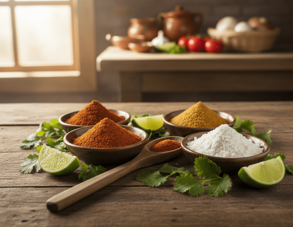 A vibrant, close-up image of a beautifully arranged collection of taco spices, including cumin, chili powder, paprika, and garlic powder, displayed in small bowls. The foreground showcases the spices with a sprinkle of fresh cilantro and a lime wedge for added color. In the middle, a wooden spoon rests beside the bowls, inviting viewers to engage with the tactile experience of cooking. The background features a rustic kitchen setting with blurred hints of fresh ingredients like tomatoes and onions, evoking a warm, authentic Mexican atmosphere. Soft, natural light filters in from a window, creating an inviting and appetizing glow on the spices. The mood conveys a sense of flavor exploration, emphasizing the importance of seasoning for authentic tacos.